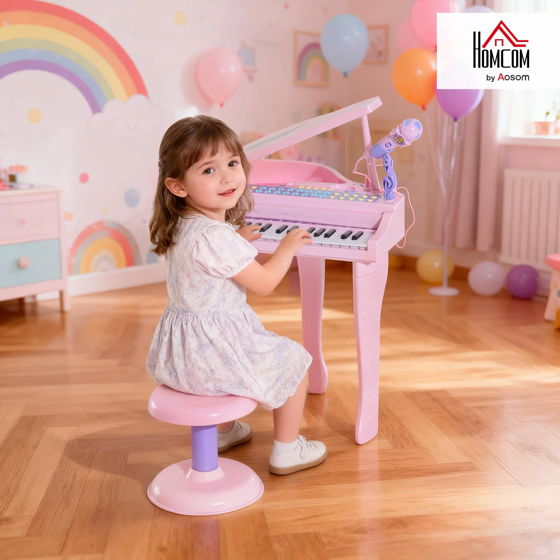 HOMCOM Piano Infantil 37 Teclas Teclado Electrónico Piano para Niños con Micrófono Taburete Luces y 22 Canciones USB/MP3 Karaoke Modo de Enseñanza Rosa