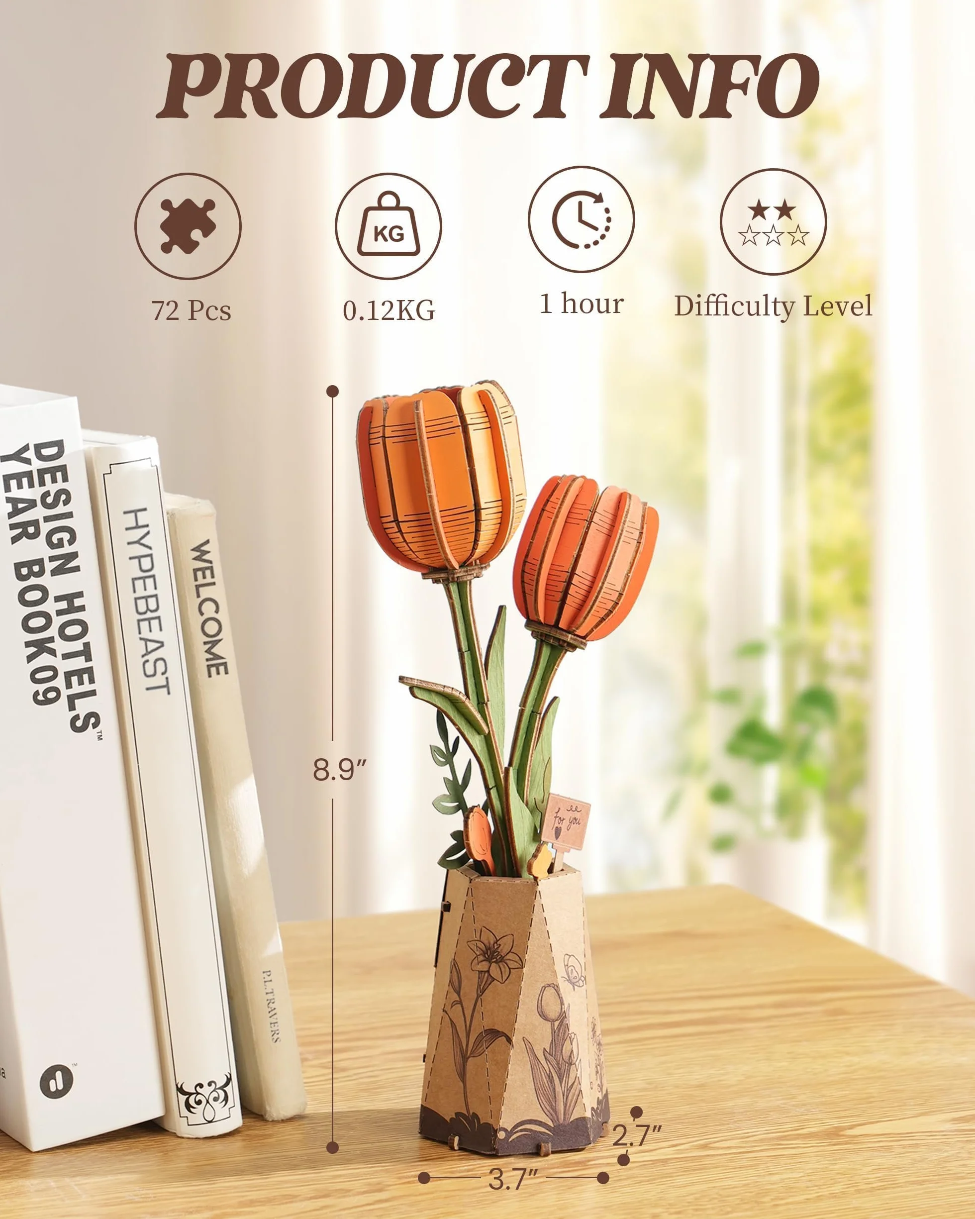 Robotime Flor Puzzles 3D Madera Maquetas para Construir Adultos Tulipane Naranja