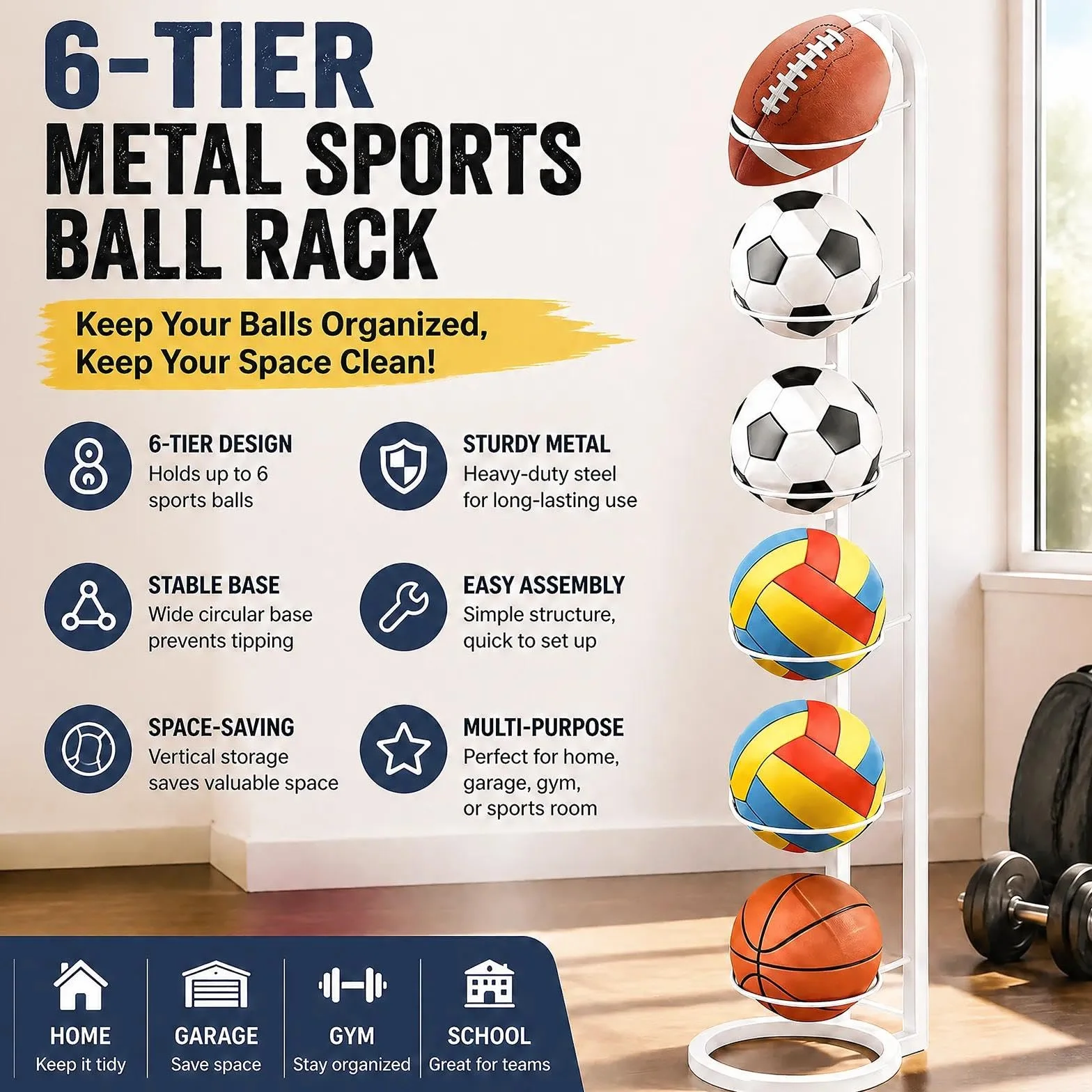 Estante de Almacenamiento de Pelotas de 6 Niveles, Soporte Vertical Extraíble para Baloncesto Fútbol Rugby Voleibol