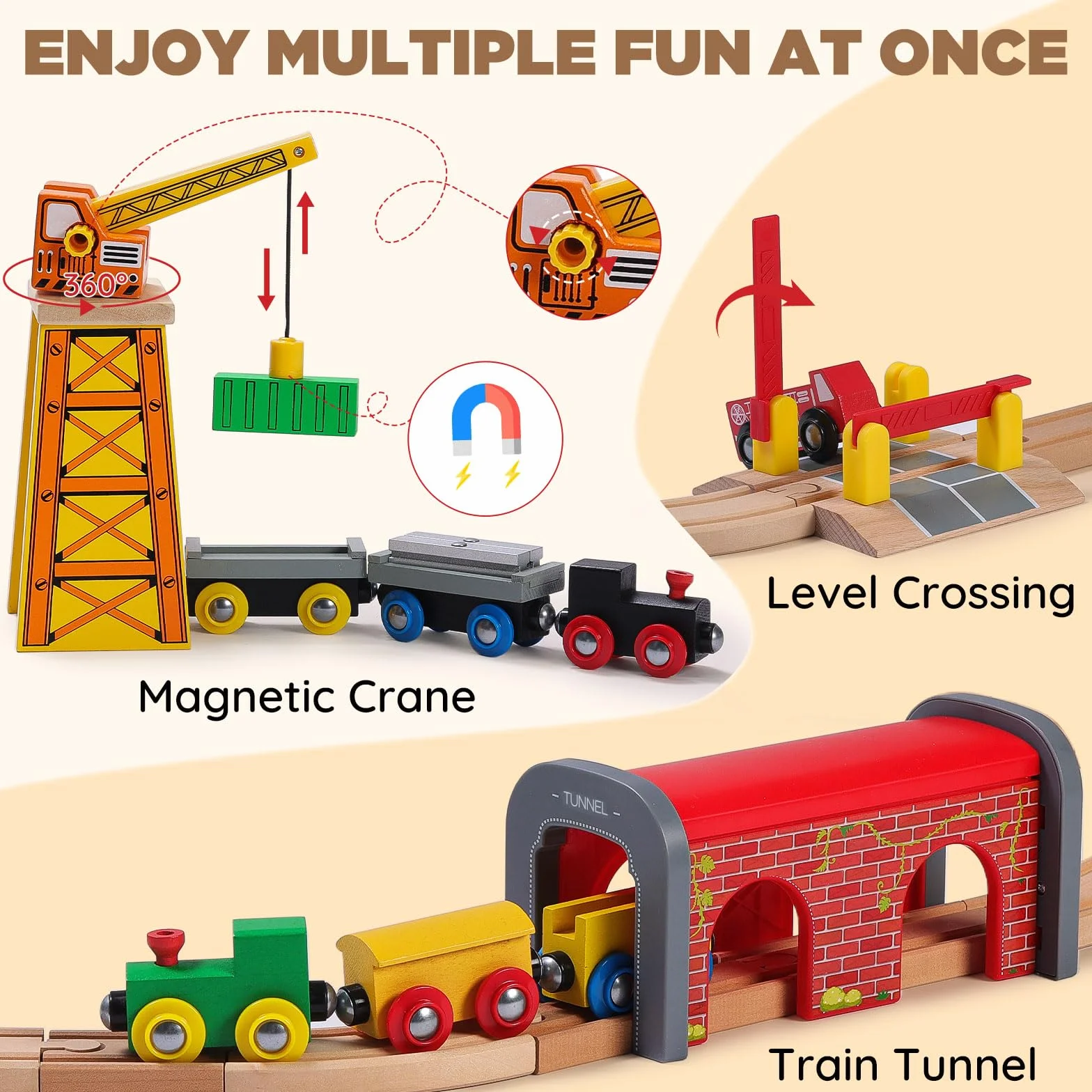 SainSmart Jr. Juego de Tren de Madera de 112 Piezas para niños pequeños, vías de Tren de Doble Cara, Compatible con Brio, Thomas, Melissa y Doug, Juguete de Madera niños y niñas