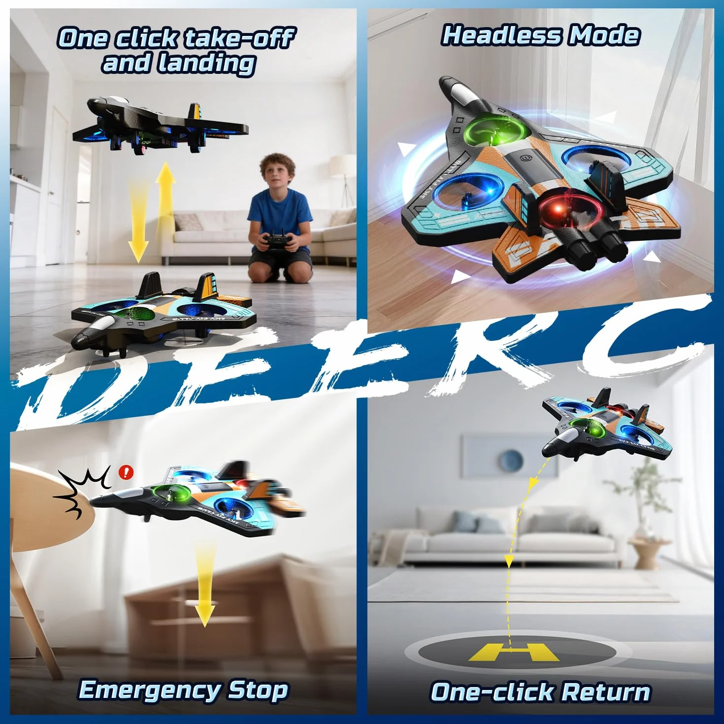 DEERC Avión de espuma RC para niños, avión teledirigido con altitud, volteos 3D y luces LED, 2 baterías, avión teledirigido para principiantes para niños y niñas (azul y naranja)