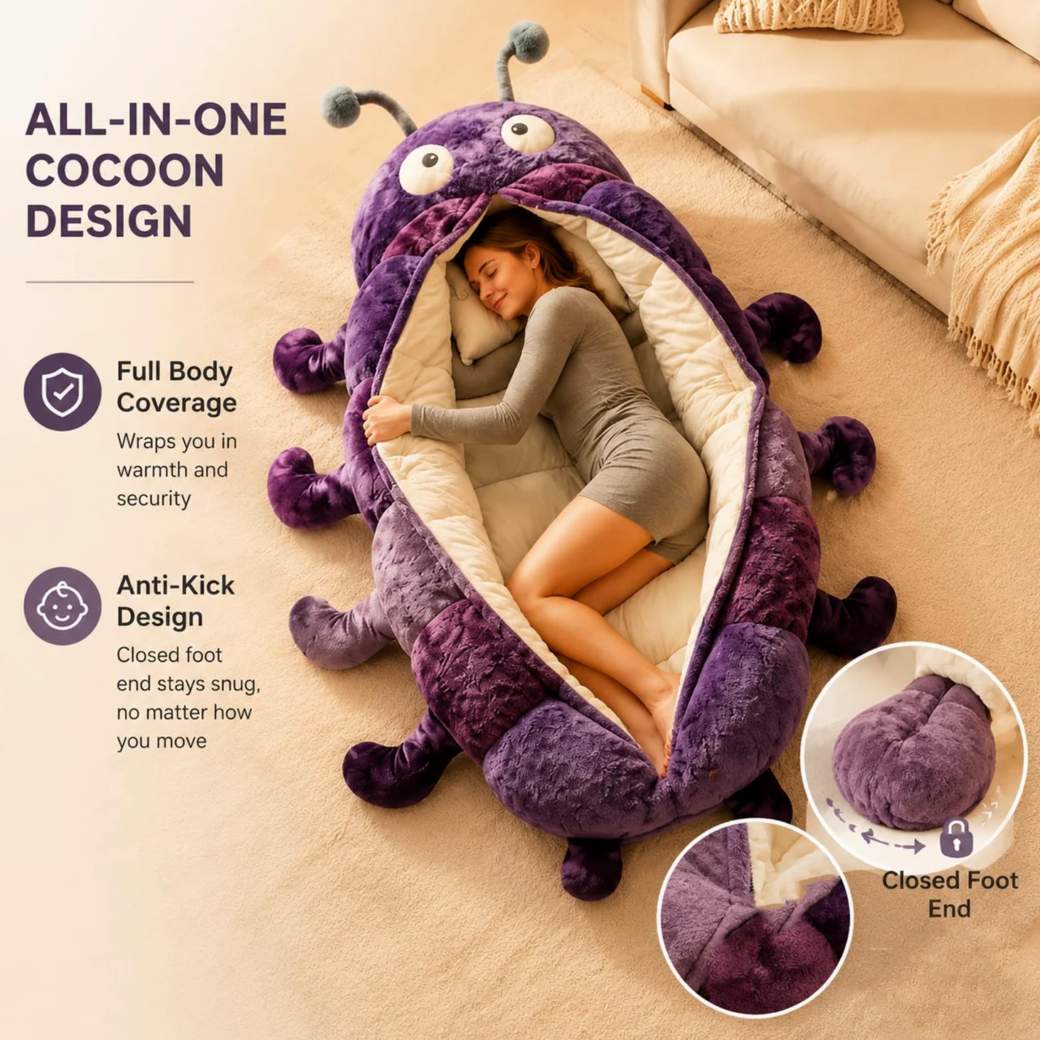 Caterpillar - Saco de dormir de felpa súper suave, forma de capullo de una pieza, plegable, portátil para casa, viajes, camping, bonito diseño de animales (90 pulgadas de longitud)