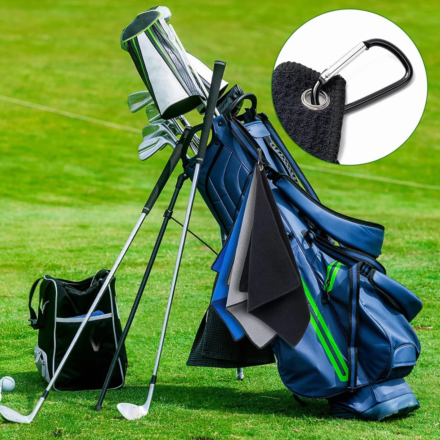 MEISO Toallas de Golf Microfibra 40xcm Ultra Absorbente Mosquetón Diseño Gofre Secado Rápido Negro