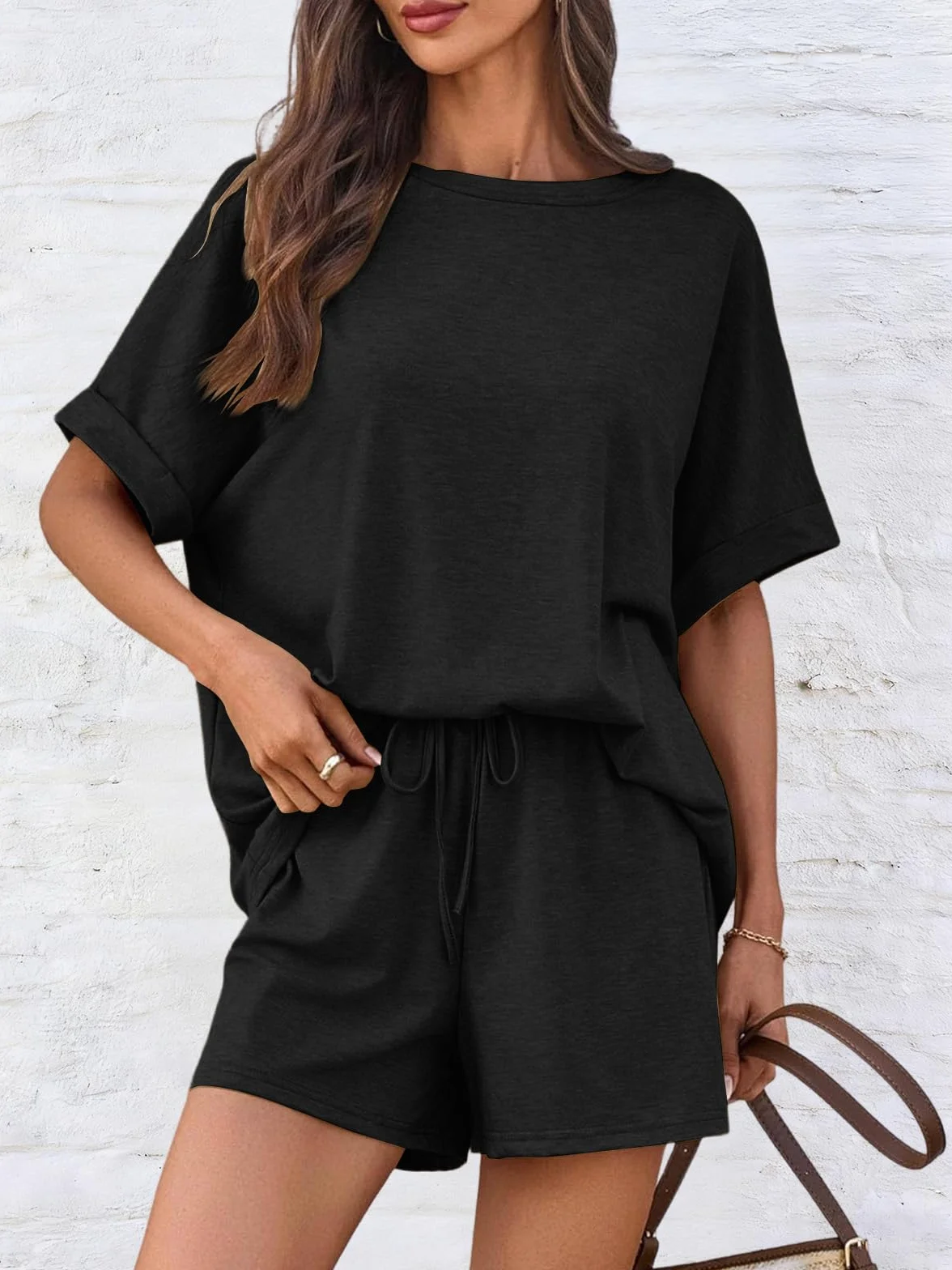 Mujer Chándal 2 Piezas Pantalones Cortos Verano Camiseta Bolsillos Cuello Redondo
