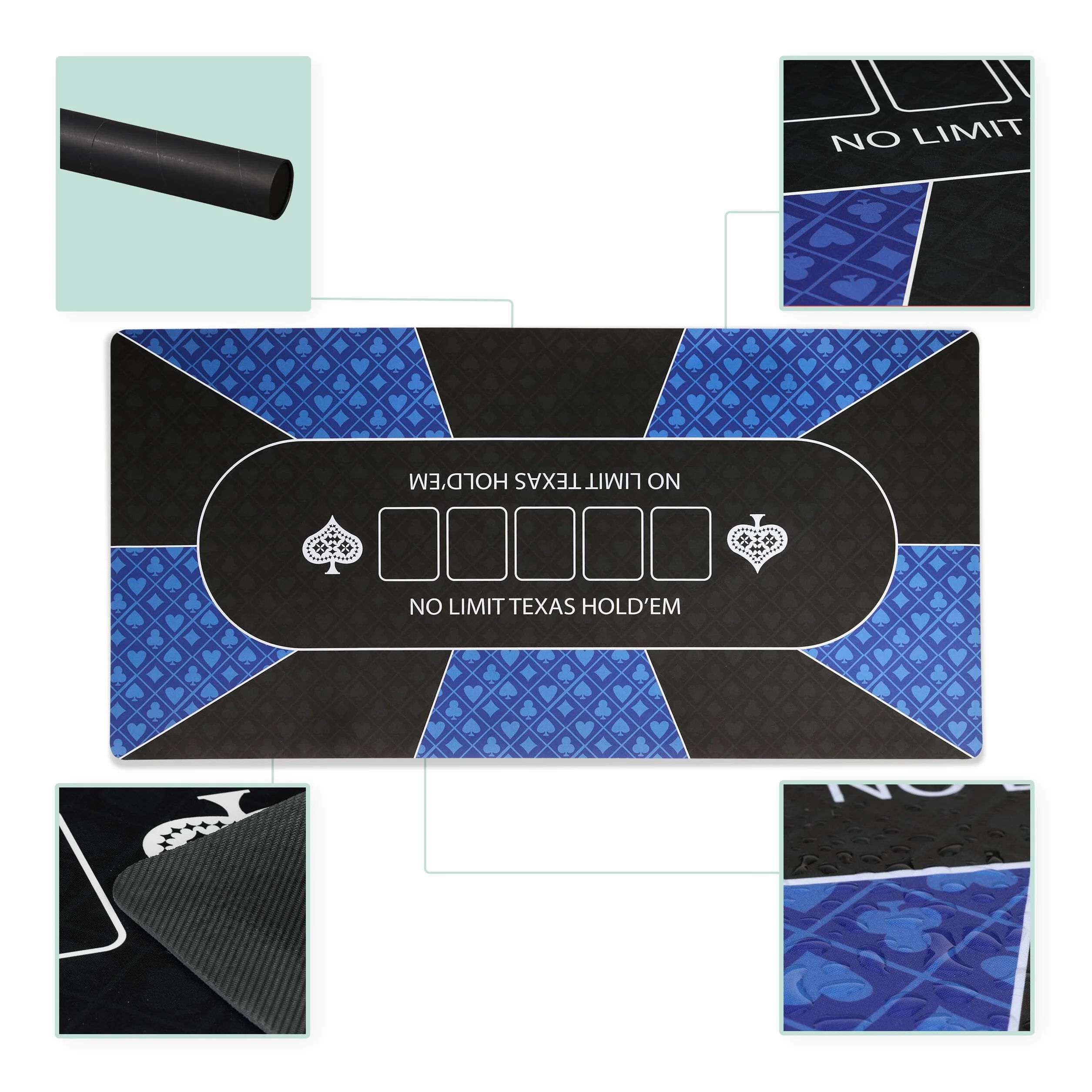 Relaxdays Tapete Póquer, 120 x 60 cm, Mantel Poker Texas Hold'em, Antideslizante, Bolsa, 10 Jugadores, Azul y Negro