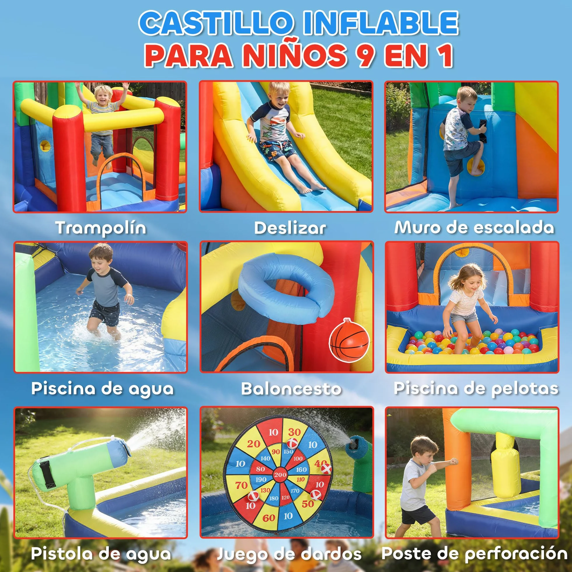 AIYAPLAY Castillo Hinchable Acuático con Soplador 550W 9 en 1 Castillo Hinchable Niños con Tobogán Zona de Salto Escalada 2 Piscinas Canasta Columna de Boxeo Dardos Exterior Interior 330x290x185 cm
