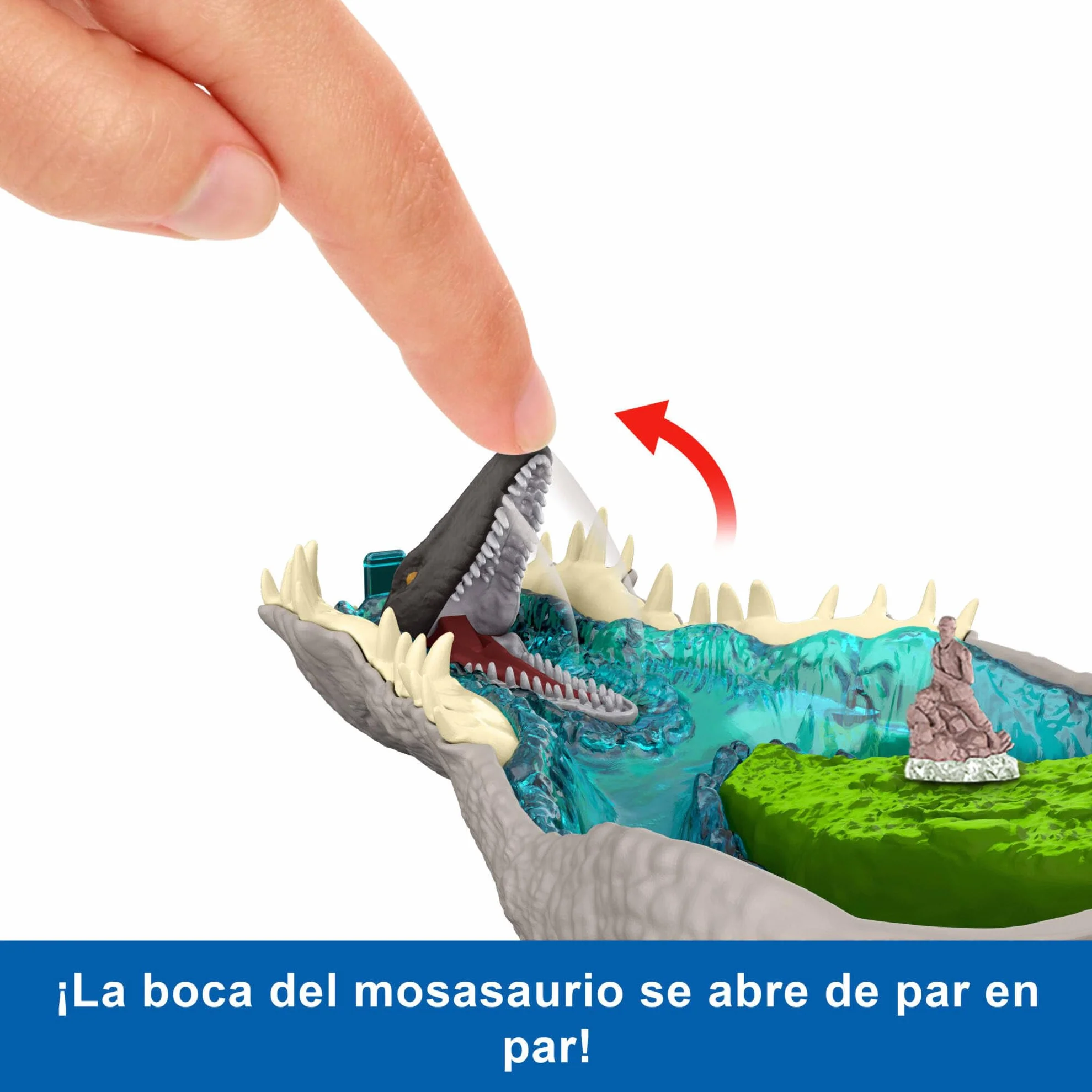 Mattel Jurassic World: El Renacer, Conjunto de juego Mini, la cabeza del Spinosaurio se abre, 4 funciones interactivas, 3 Micro figuras, Dinosaurio de juguete, JGB98
