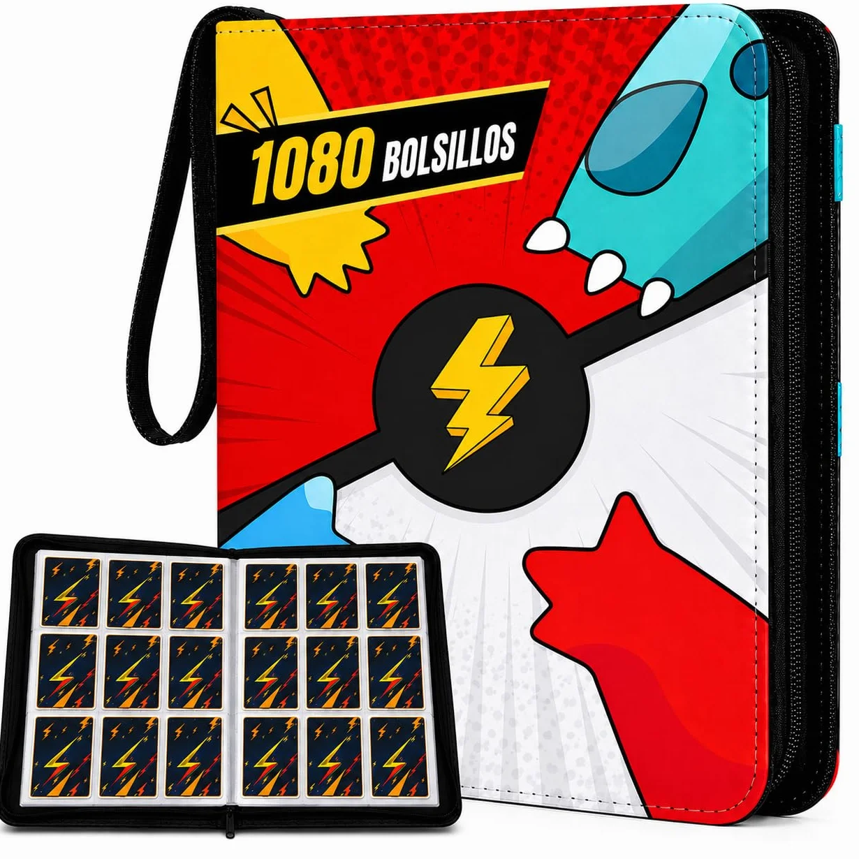 Álbum Cartas para Pokémon – 1080 Cartas, 60 Páginas y 9 Bolsillos – Card Binder Grande con Cremallera – Carpeta para Cartas TCG con Archivador Impermeable y Doble Cara