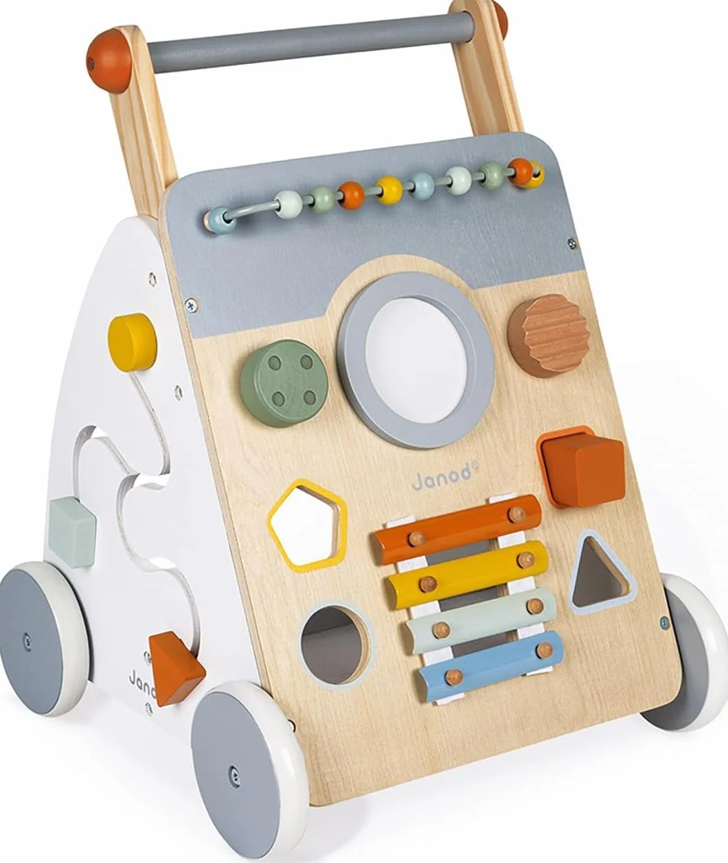Janod - Carro Multiactividad Sweet Cocoon - Carro de Madera para aprender a caminar - 9 Actividades - Ruedas Silenciosas, Pintura al Agua - Juguete Infantil Adaptable desde los 12 meses, J04410