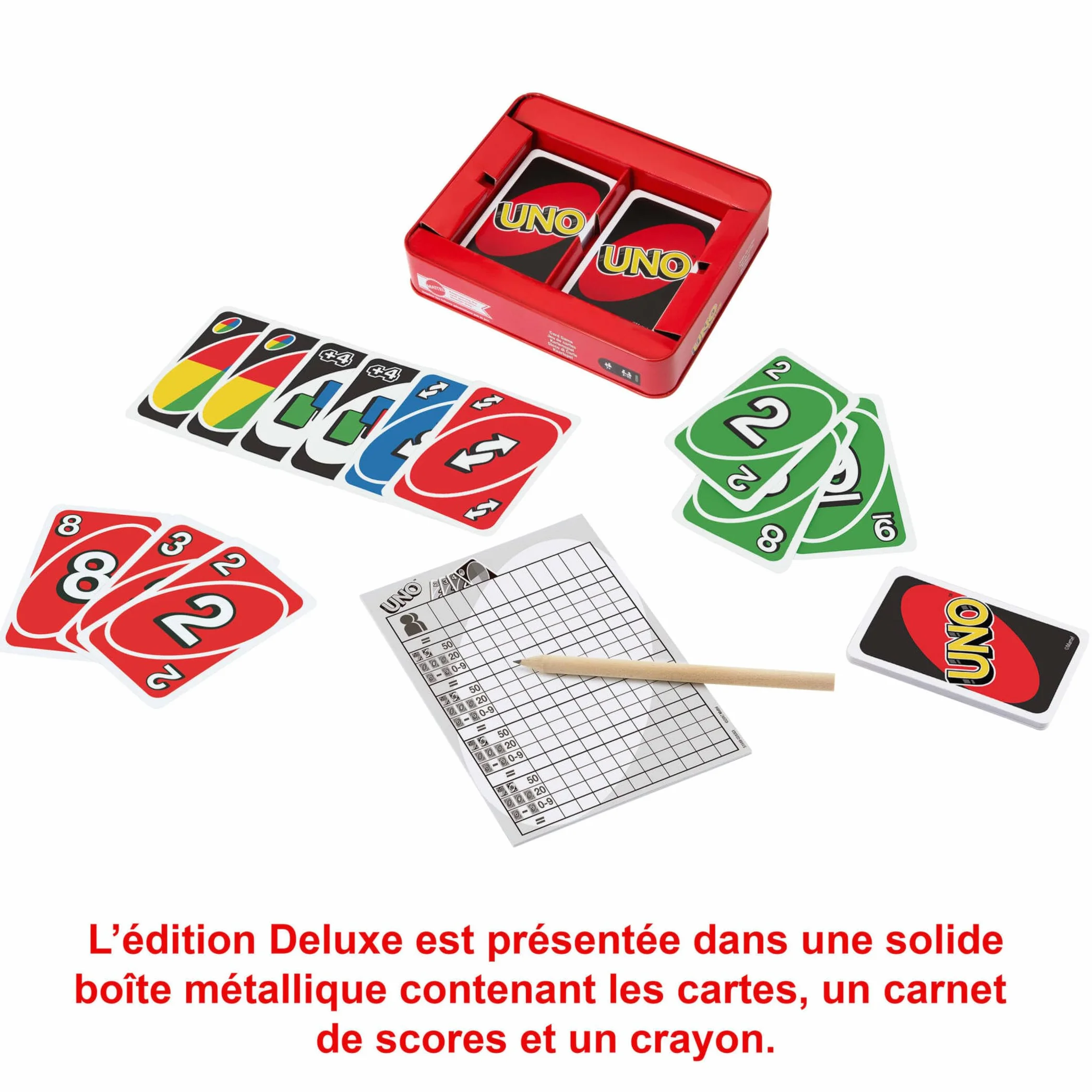 Mattel Games UNO Deluxe Metalowa Karta, Gra Karciana dla Rodziny, Dzieci i Dorosłych, 2-10 Graczy, od 7 lat