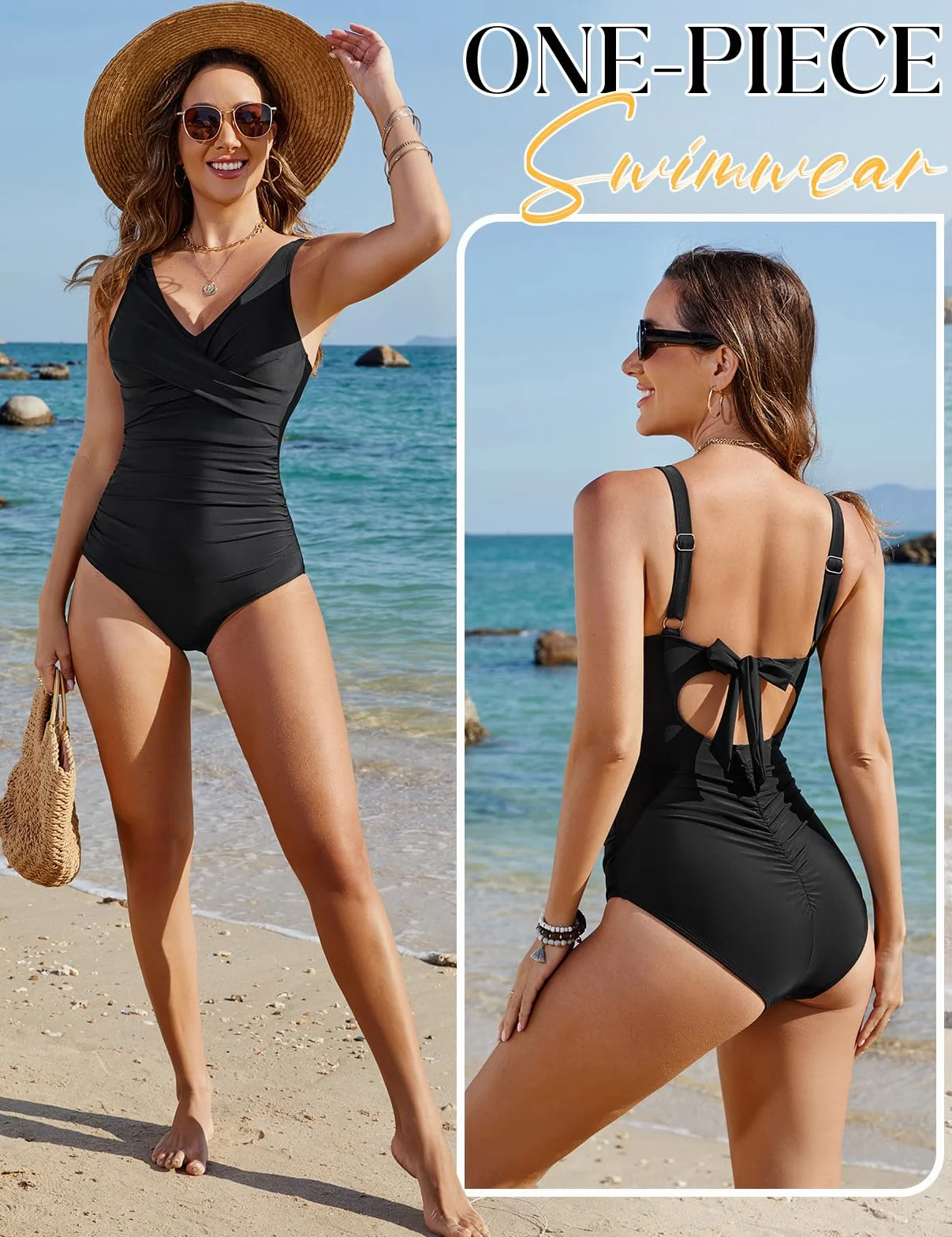 CMTOP Bañadores Mujer Reductores Push Up Cuello en V Traje de Baño Una Pieza Control de Barriga Playa Monokini