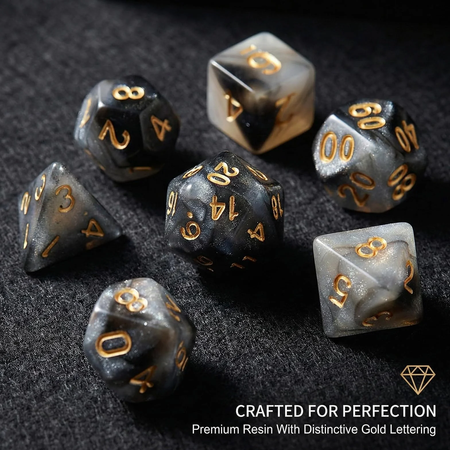 Juego 7 dados DND para Dungeon and Dragons, D&D, juegos rol, Pathfinder, juegos mesa - dados poliedros en tonos negros transparentes - combinación colores en negro, blanco y dorado