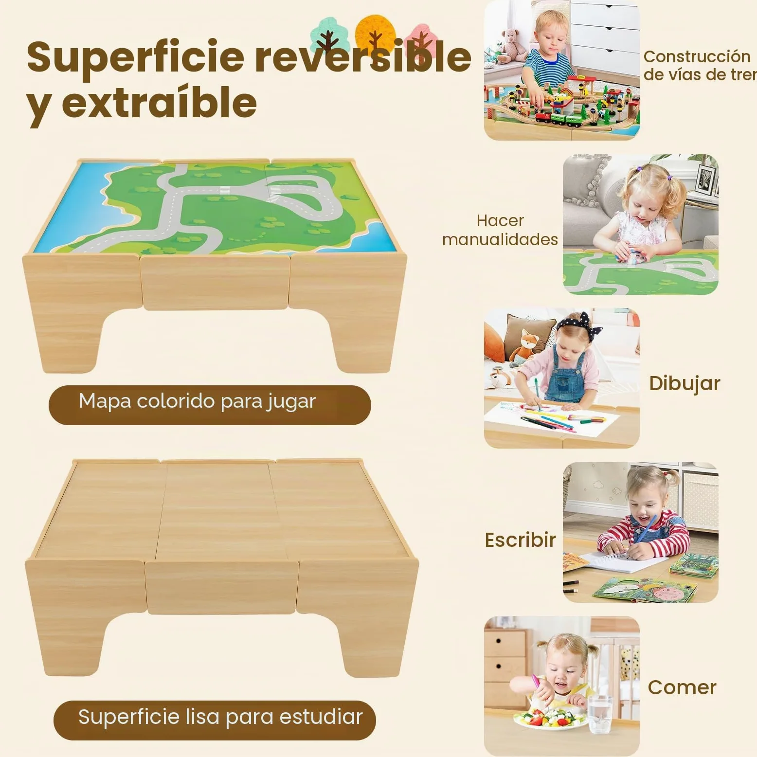 FANTASK Mesa de Juego de 84 Piezas de Madera, Juego de ferrocarril Infantil con Tablero y cajón Reversibles y extraíbles, Mesa de Actividades para Jugar, Pintar, Leer, Comer, Juguetes para niños a