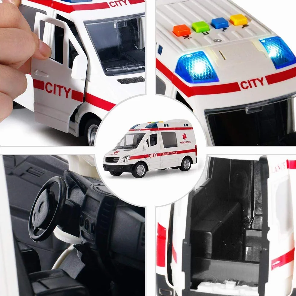 BAKAJI Ambulancia - Juguete para niños con Movimiento de Embrague, Sirena Que Funciona con Luces y Sonidos para Puertas Laterales y traseras Que se abren y se abren, camión Cuidado en Cada Detalle