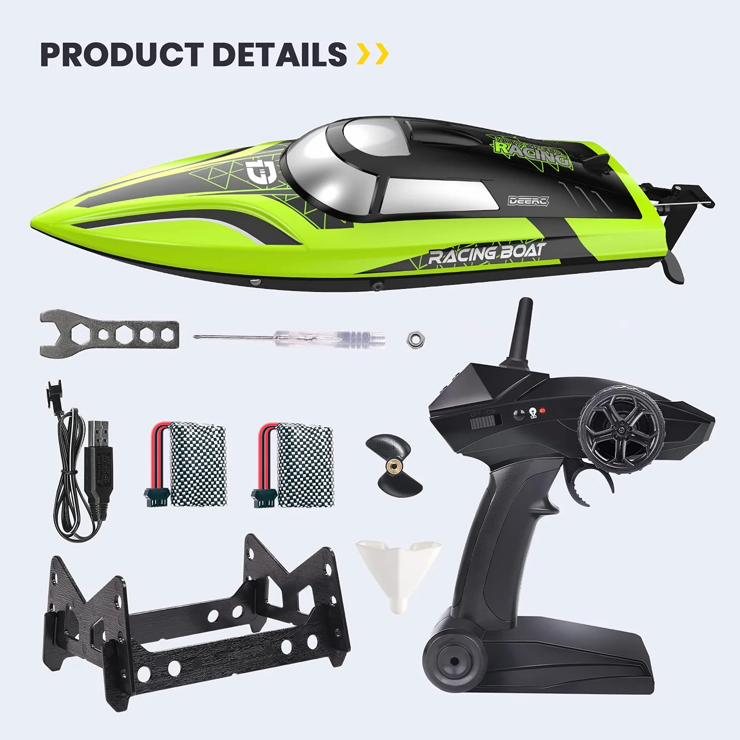 DEERC Barco RC con luz LED, más de 30 Minutos, para Piscinas y Lagos más de 20 mph, Barcos de Carreras de 2,4 GHz, 2 baterías, Juguetes de Piscina para niños, embarcaciones controladas por Radio