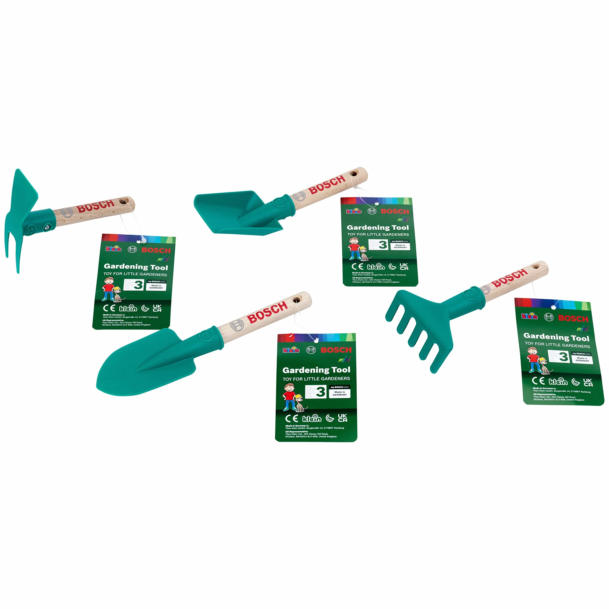 Theo Klein 2711 Kit de Herramientas de jardín de Mano Bosch, 4 Herramientas de jardinería para niños, Pala Cuadrada, rastrillo, Pala y azada, Juguetes para niños a Partir de 3 años