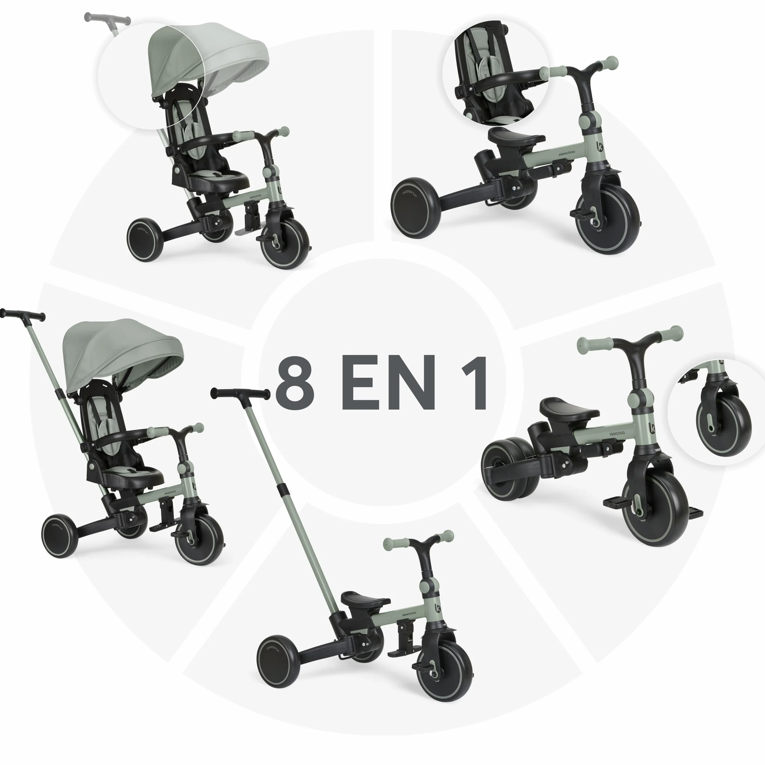 KikkaBoo Triciclo Evolutivo ALUMA 8 en 1, Triciclo Bebé Plegable con Manillar Padres, Asiento Reversible, Capota Ajustable, Arnés 5 Puntos, Marco Aluminio, Verde