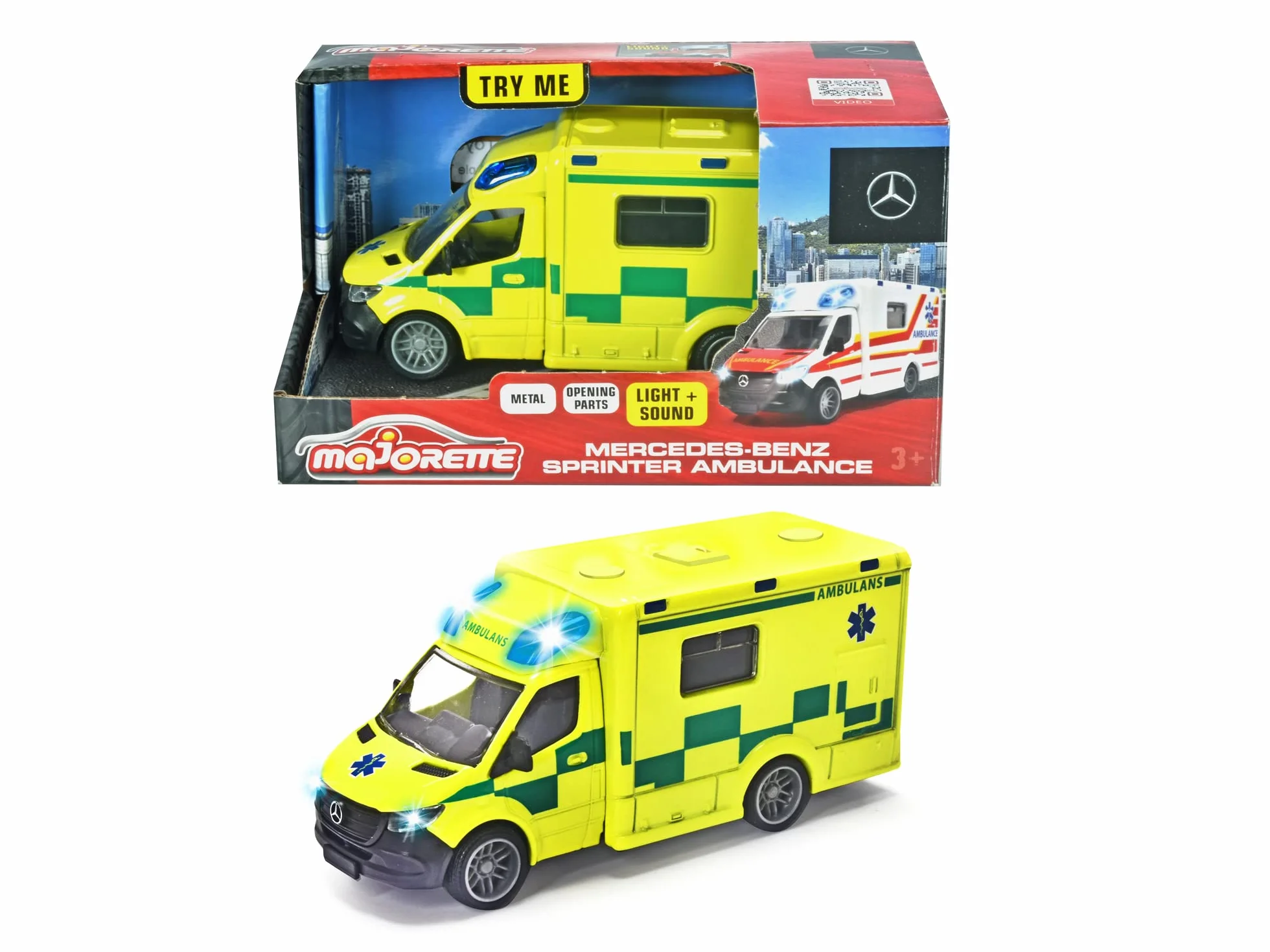 Majorette 213712001033 - Grand Series - Mercedes-Benz Sprinter Ambulancia Sueca - Ambulancia en Sueca Modelo con Rueda Libre, Metal, Luz, Sonido, Neumáticos de Goma Suave, 12,5 cm, 1:43, A partir de 3