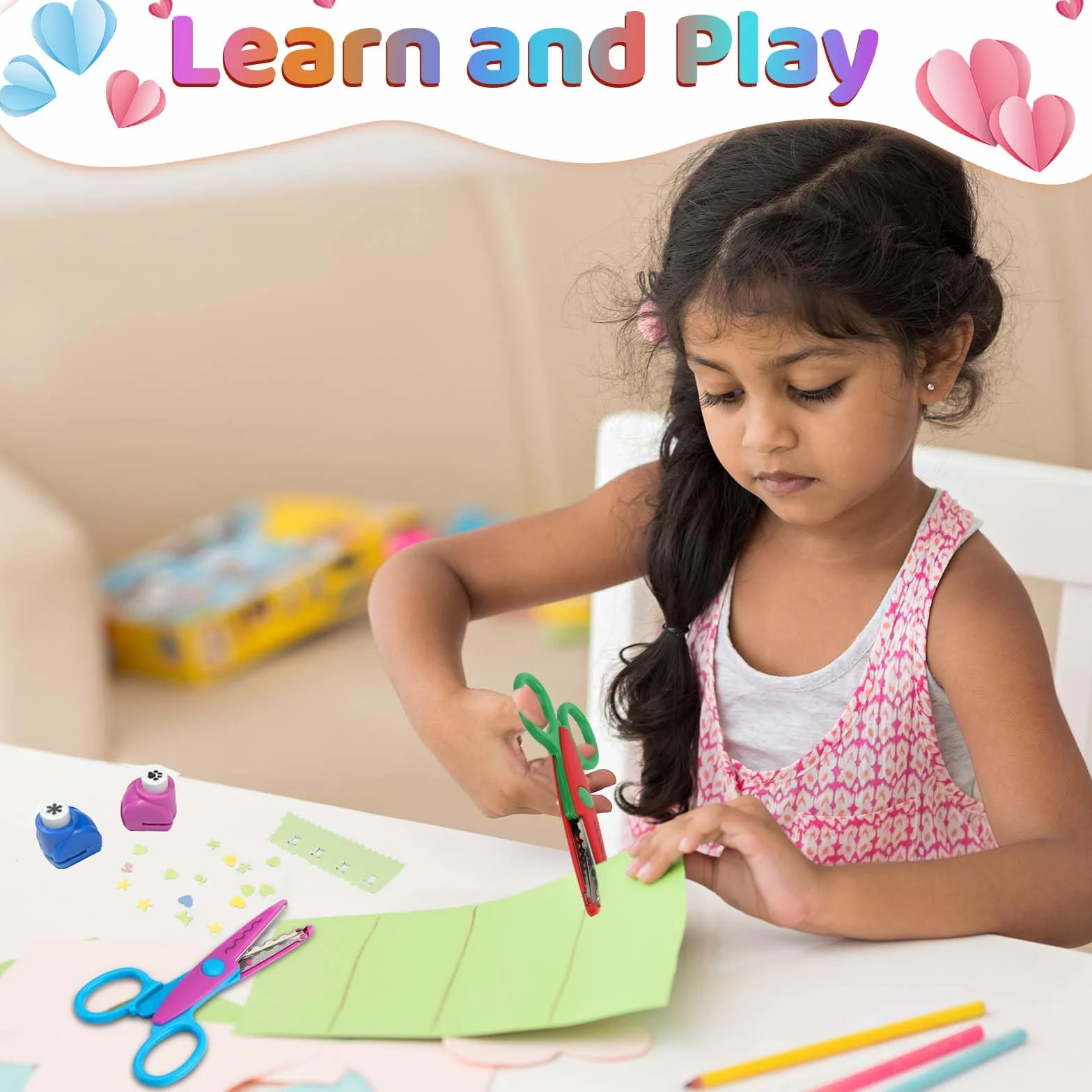 Juego de 6 tijeras para manualidades para niños, con 6 troqueles de papel, 6 formas de corte diferentes, juego de tijeras de papel para niños, guardería, principiantes, manualidades