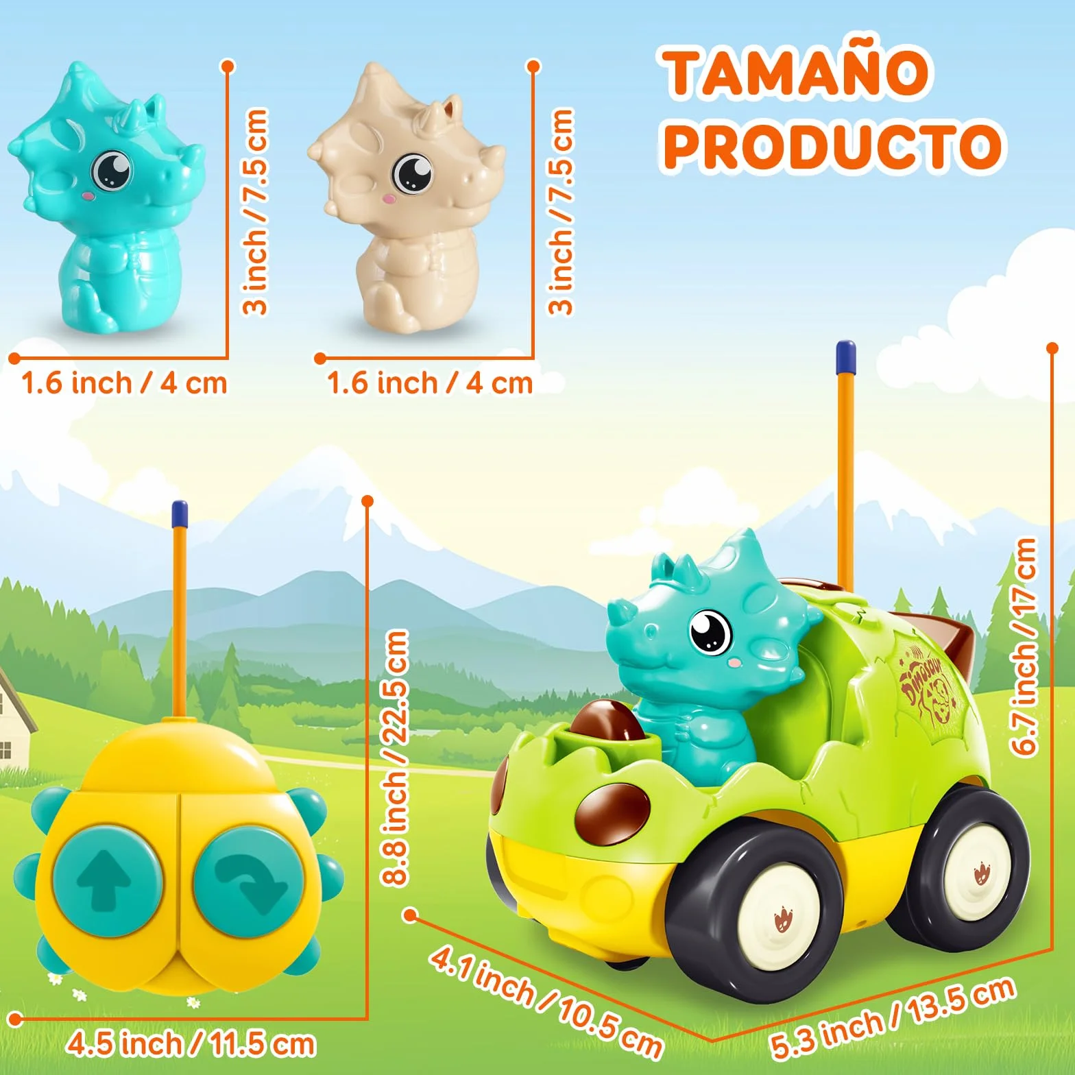 Coche de Dinosaurio RC para Niños Pequeños 18 Meses+ con Música y 2 Muñecas Intercambiables