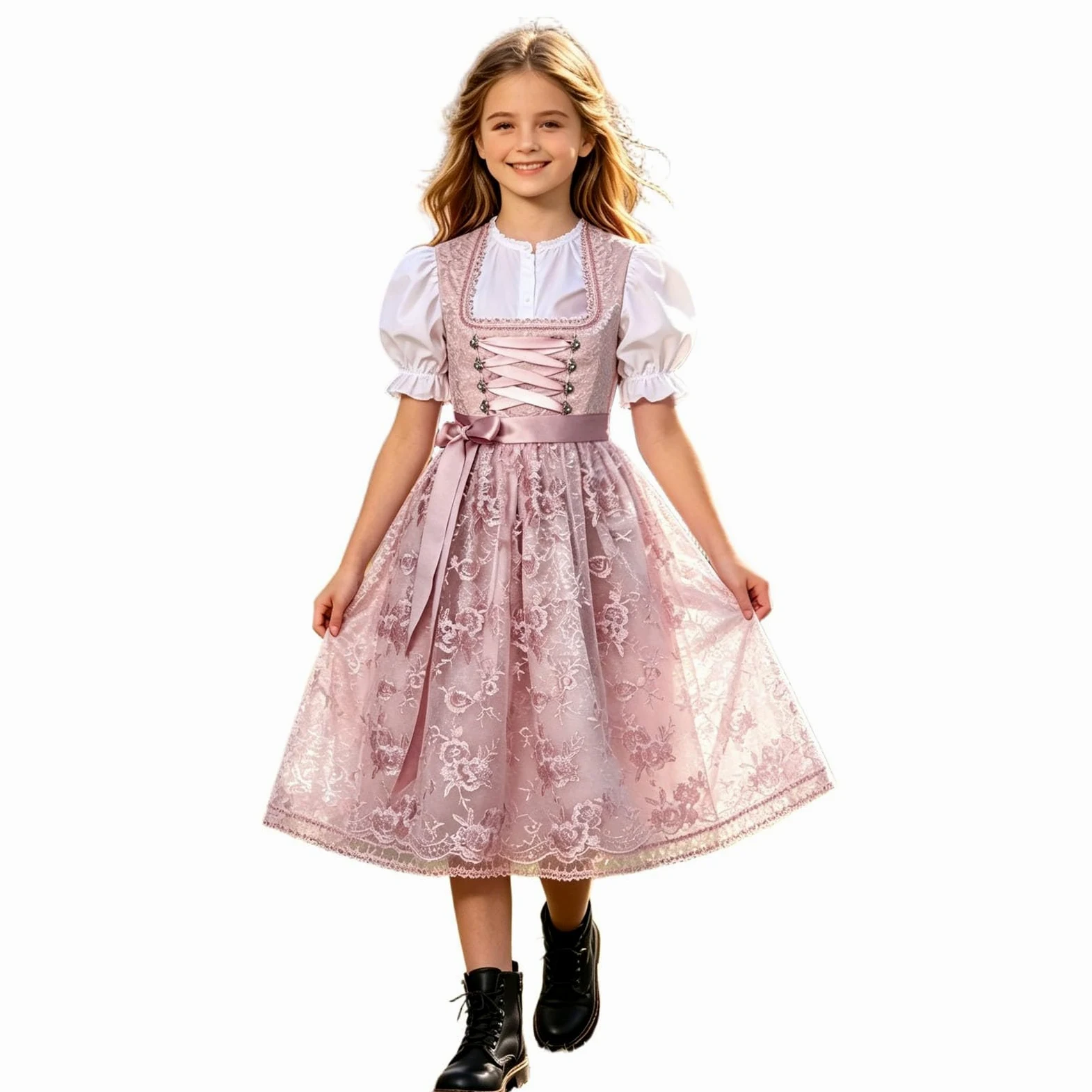 Oktoberfest - Disfraz infantil de tirolesa para niña, color amarillo con blusa y delantal de encaje, 3 piezas, traje tradicional medieval, vestido de flores, disfraz de cosplay