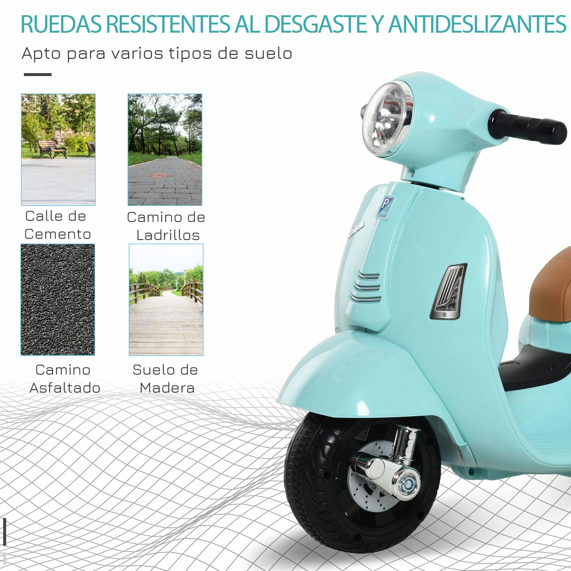 HOMCOM Moto Eléctrica Vespa para Niños de 18-36 Meses Moto de Batería 6V con Faro Bocina y 4 Ruedas Motocicleta Infantil con Licencia 66,5x38x52 cm Verde