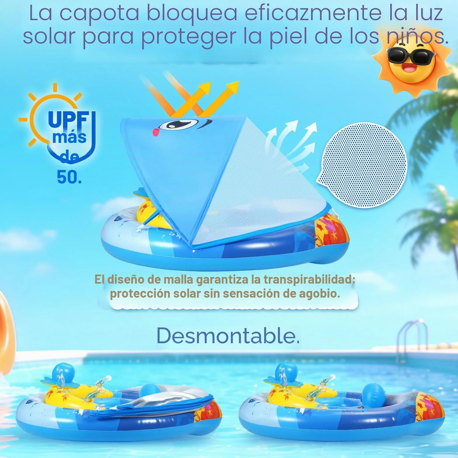ZOOI Flotador Bebe con Sombrilla Partir de 6 Meses, UPF 50+ Flotador Bebe con Sombrilla y Asiento de Seguridad, Entrenador de NatacióN Adecuado Para 10-20 KG, Bola de Equilibrio Para Evitar Vuelcos
