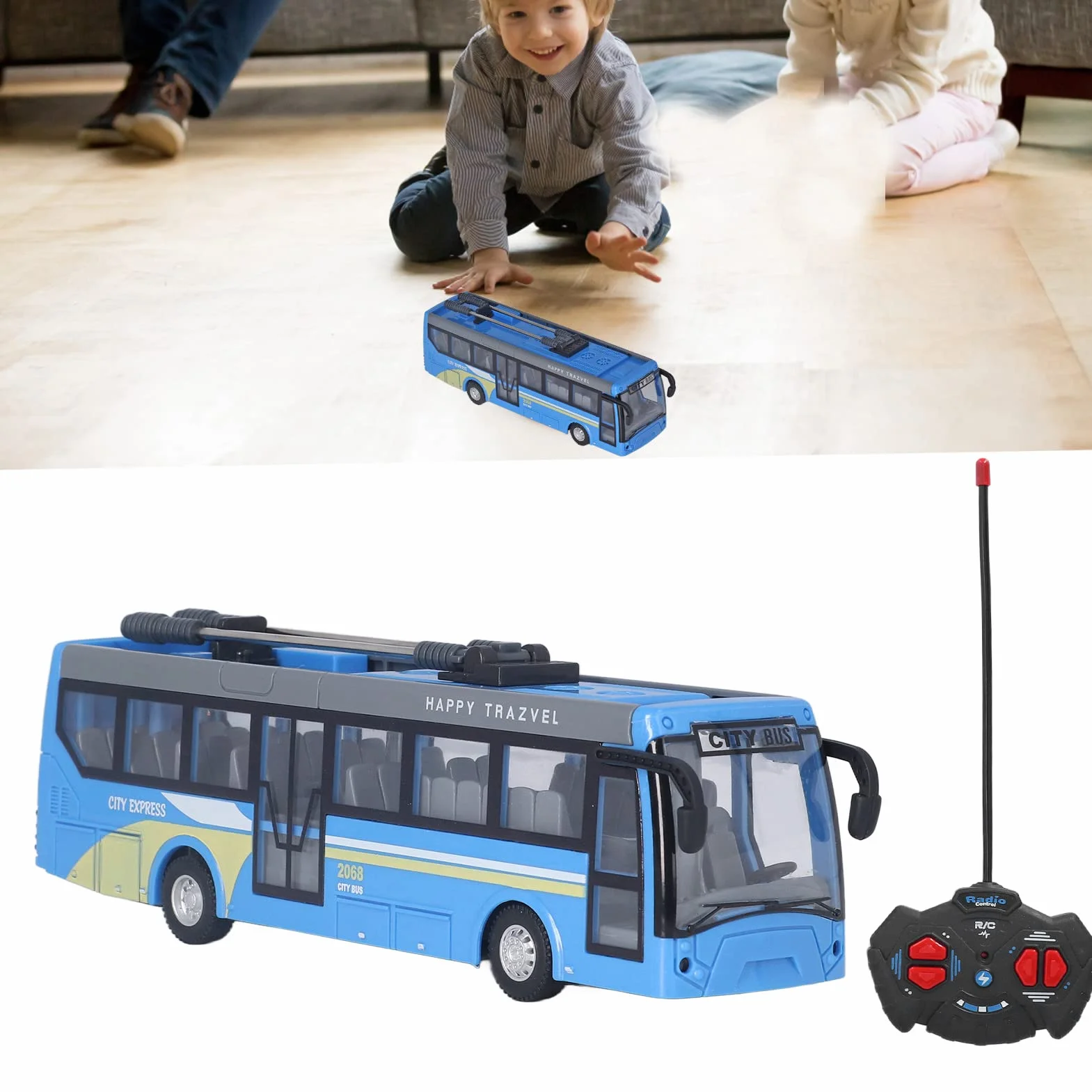 Autobús RC para Niños, Autobús de Control Remoto de Alta Simulación Todas Las Direcciones de Conducción Autobús Escolar RC Recargable para Niños(Azul)