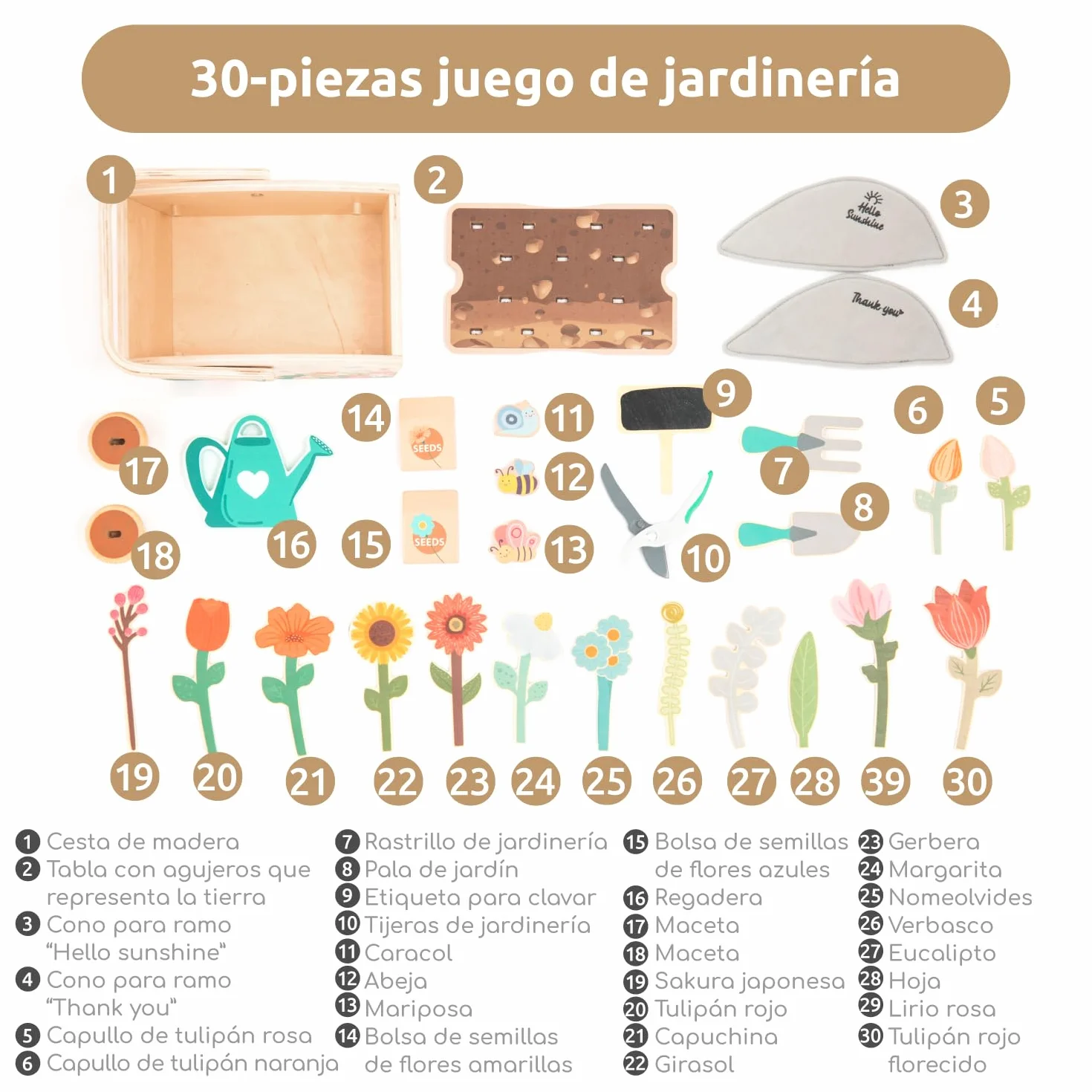 umu® Juego de jardín de madera para niños con accesorios – Juguetes de jardín para niños, juego de herramientas de jardín para niñas y niños, regadera, pala, rastrillo, juguete educativo a partir de