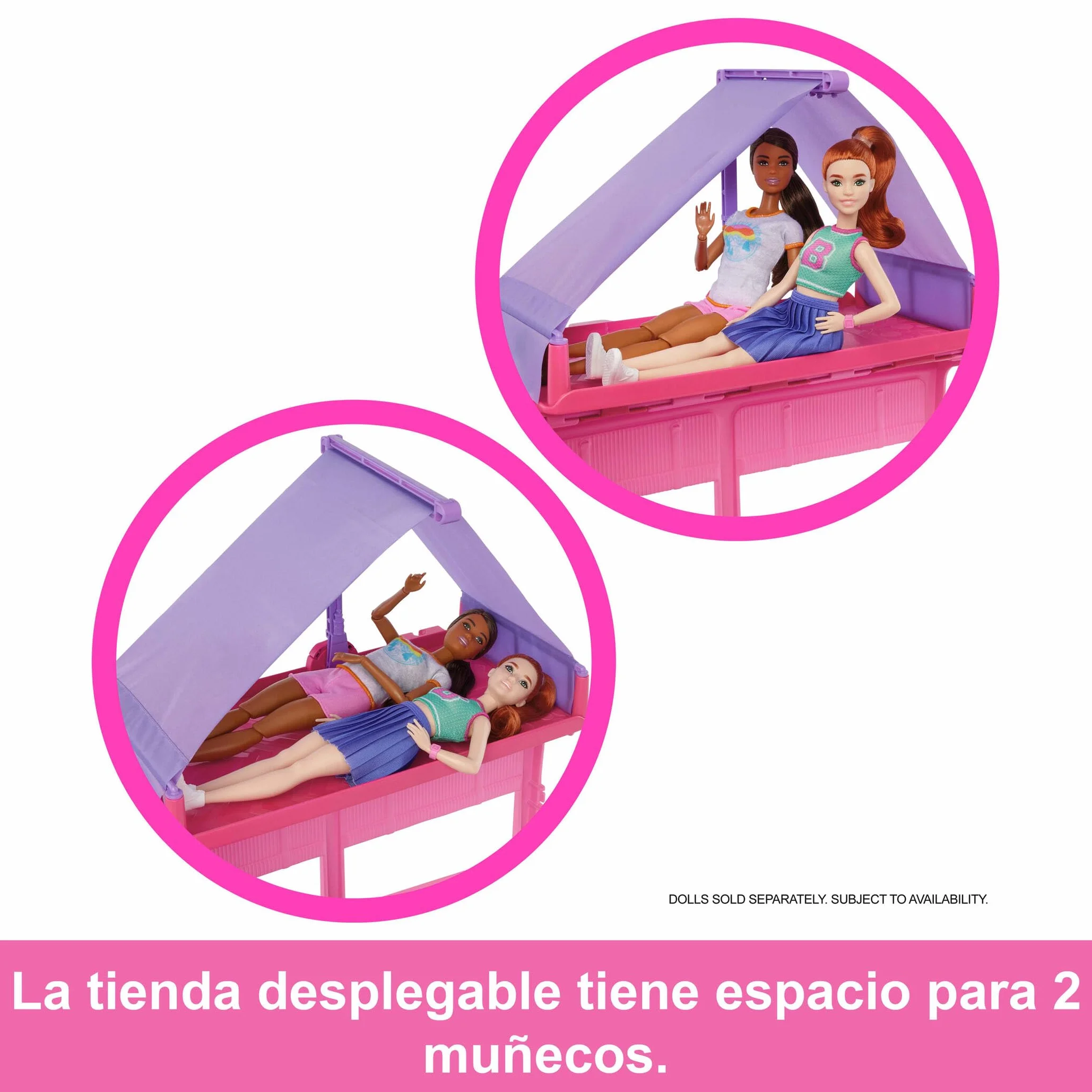 Barbie Súper Caravana DreamCamper Conjunto de juego con tienda de campaña en el techo, columpio, estanque de pesca, barbacoa con función de cambio de color y más de 60 accesorios, incluida masa, HRJ78