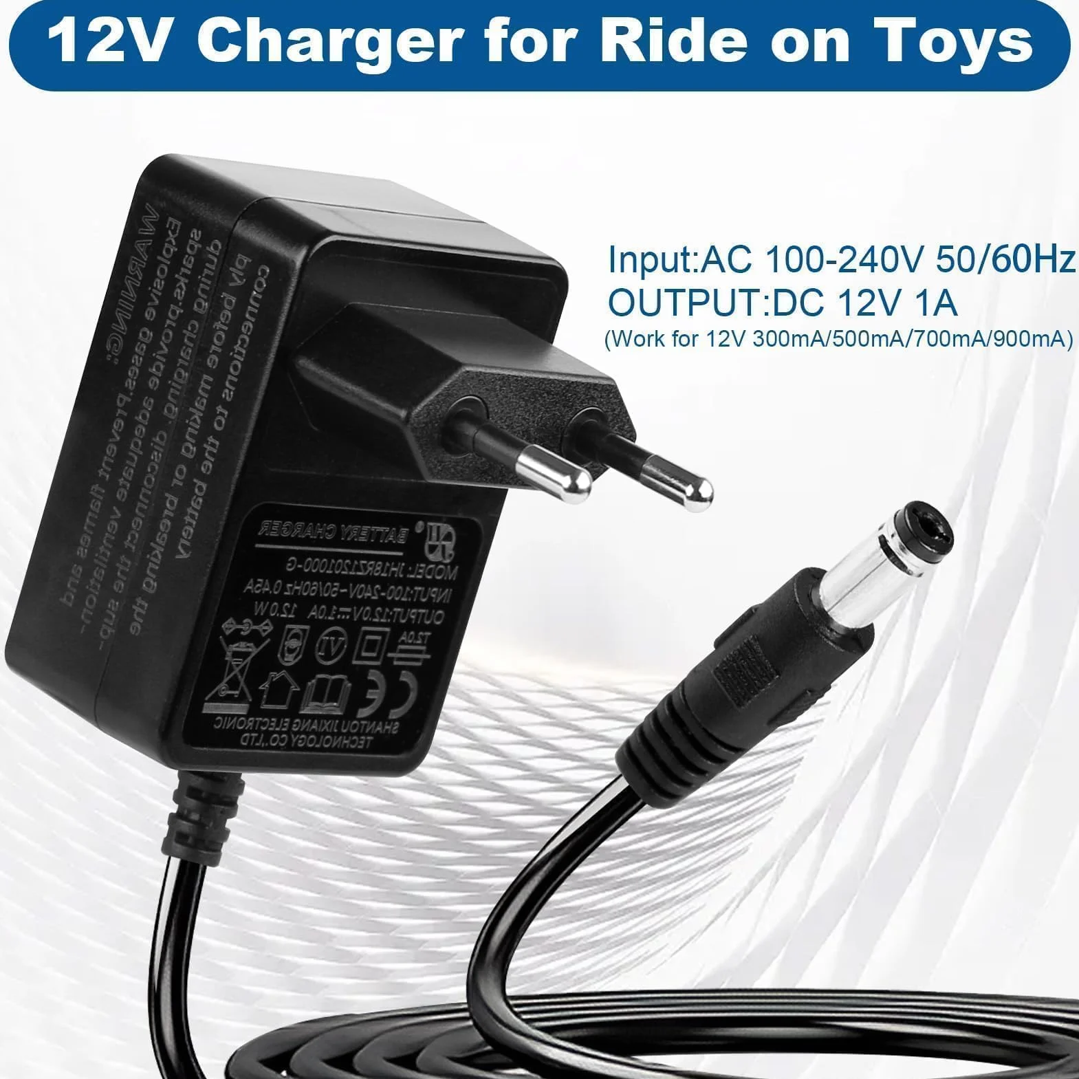12V 1A Cargador para Coches Eléctricos Niños, Adaptador de Corriente con Enchufe EU para Moto, SUV, ATV, Quad, Tractor y Otros Vehículos Eléctricos Infantiles de 12V 1000mA