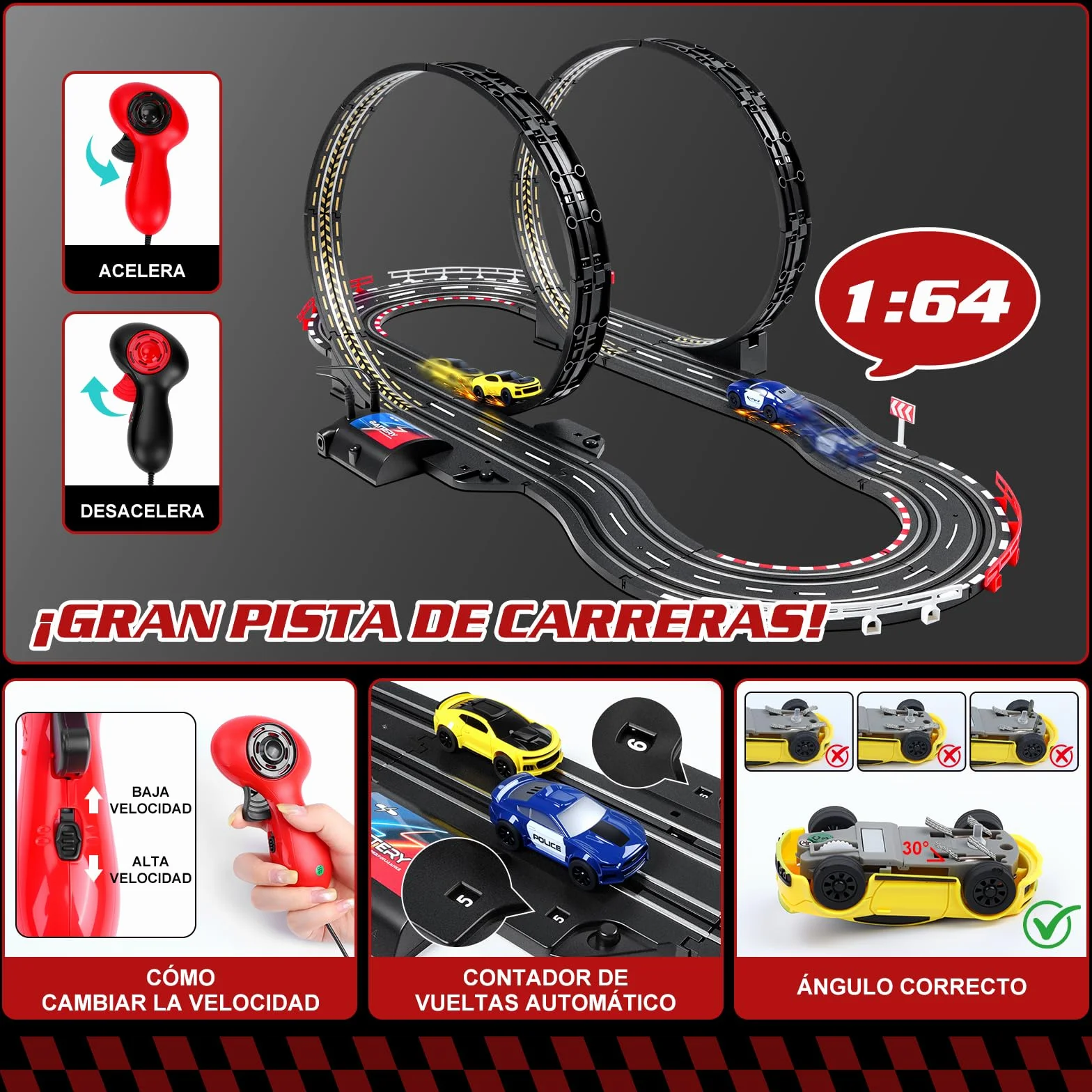 JONRRYIN Pista Carreras Electrica, Pista De Coches para Niños 1:64 Circuito Coches Pista Carreras Niños 3+ Años Juguete Regalos - 2 Coches, Bucle 360°, Contador Vueltas (308CM)