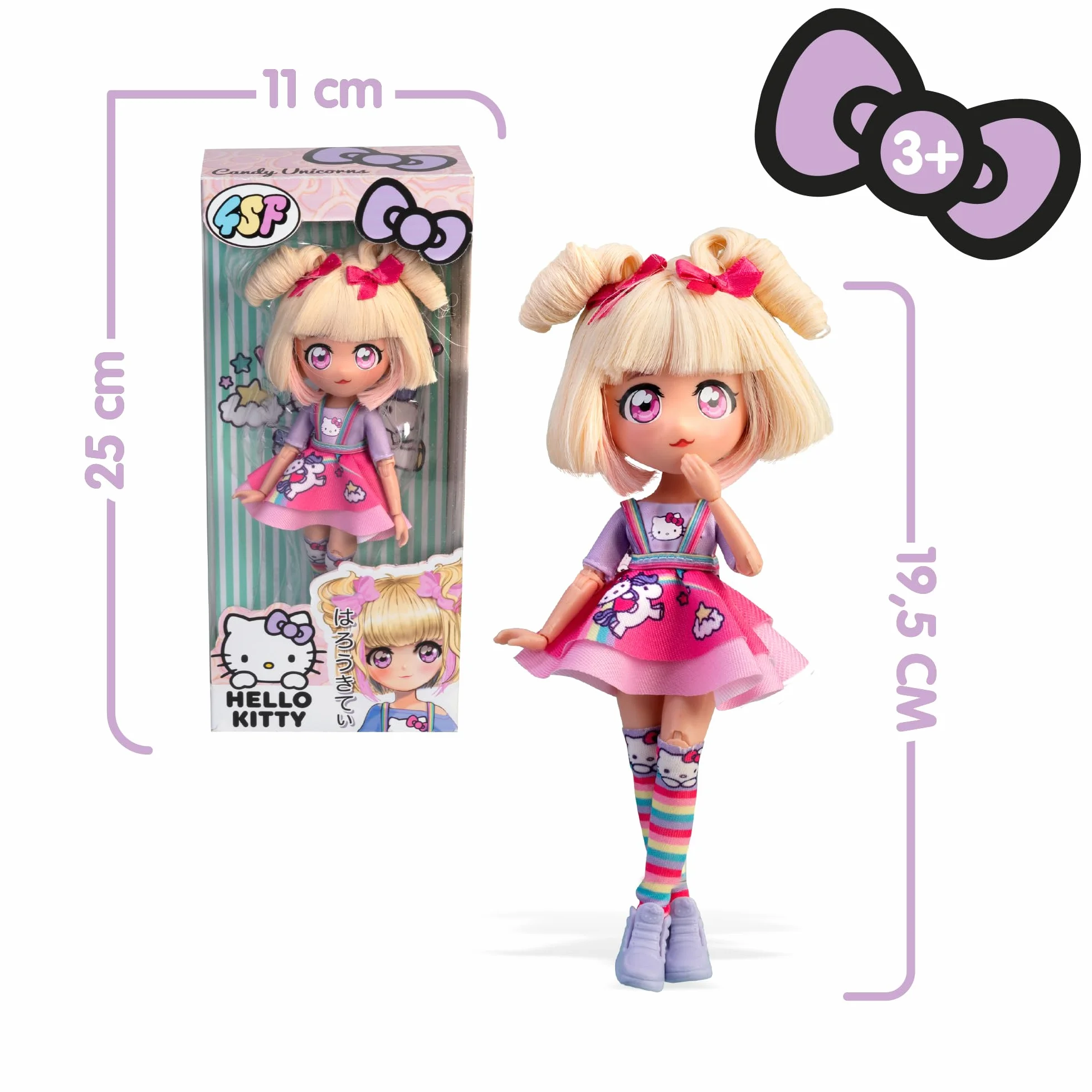 4SF - Hello Kitty Manga Doll Candy Unicorn, Muñeca Fashion Japonesa con Looks a la Moda Manga, Figura de 19,5 cm con 15 Puntos de Articulación, Pelo Rubio, Accesorios Incluidos, Famosa (HKTF0400)