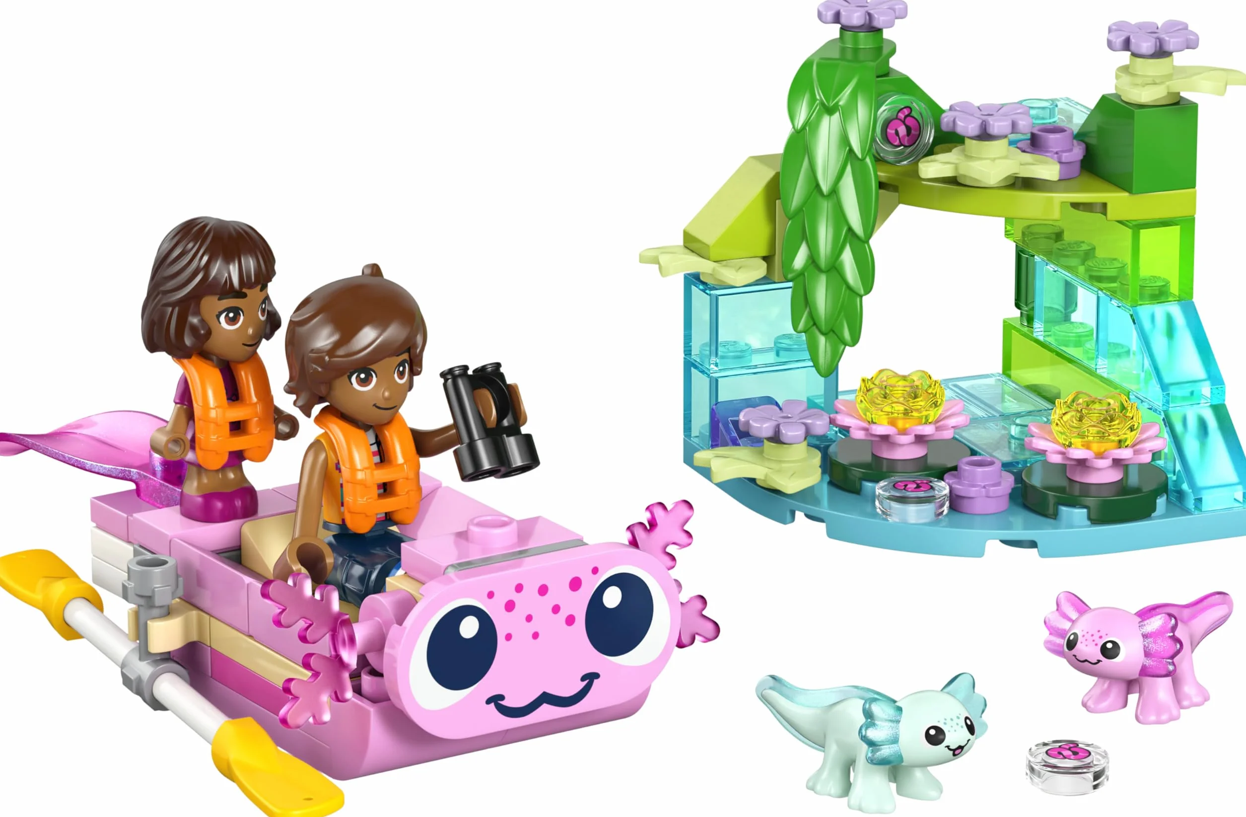LEGO Friends Aventuras en el Barco-Ajolote de Juguete - 2 Mini Muñecos, 2 Figuras de Animales Adorables, Plantas, Flores y Accesorios - Regalo de Cumpleaños para Niñas de 5+ Años - 42681