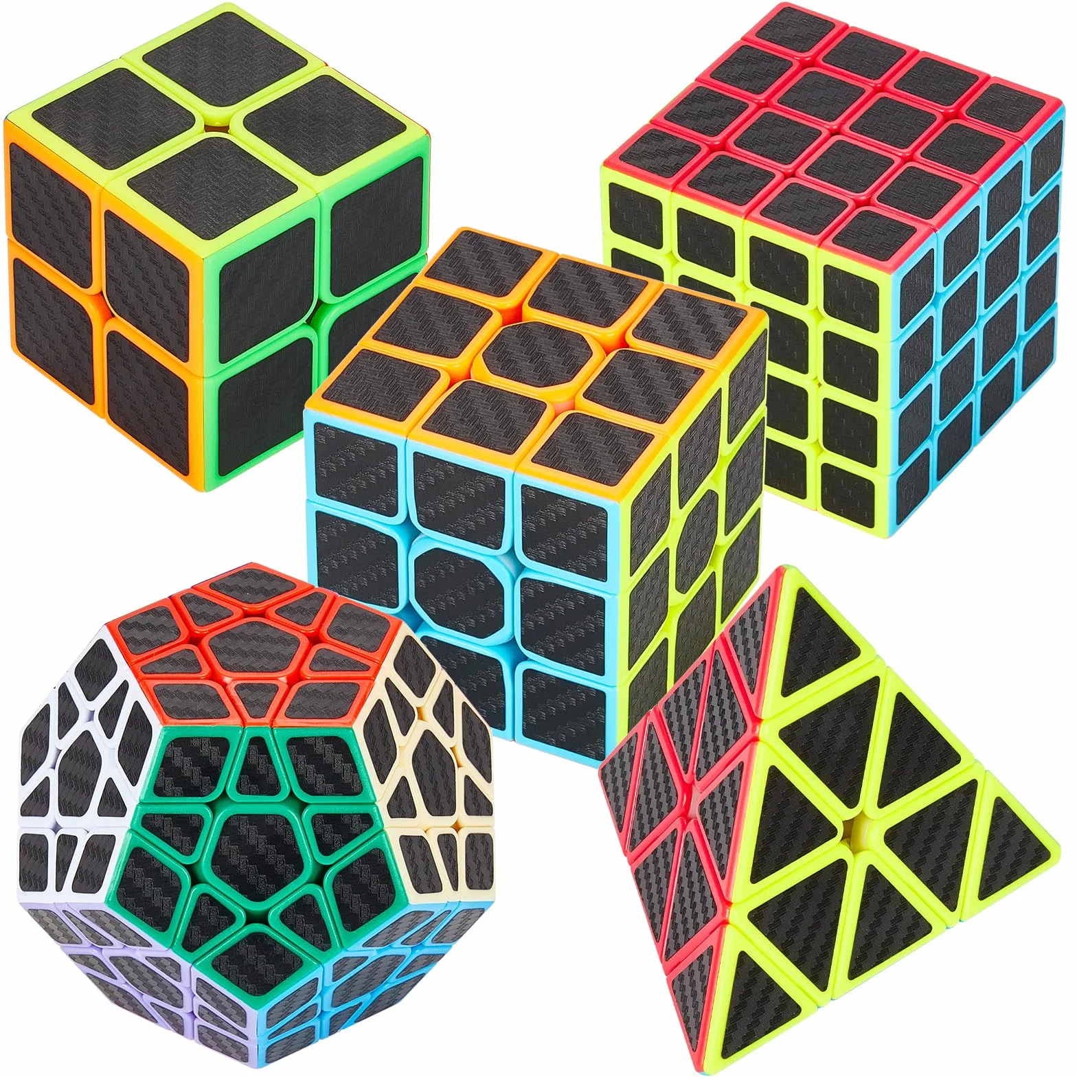 Coolzon Speed Cube Set de Pyraminx + Megaminx + 2x2 + 3x3 + 4x4 Magic Puzzle Cubes 5 Pack Cubo Mágico para Niño Adulto con Adhesivo de Carbono Fibra