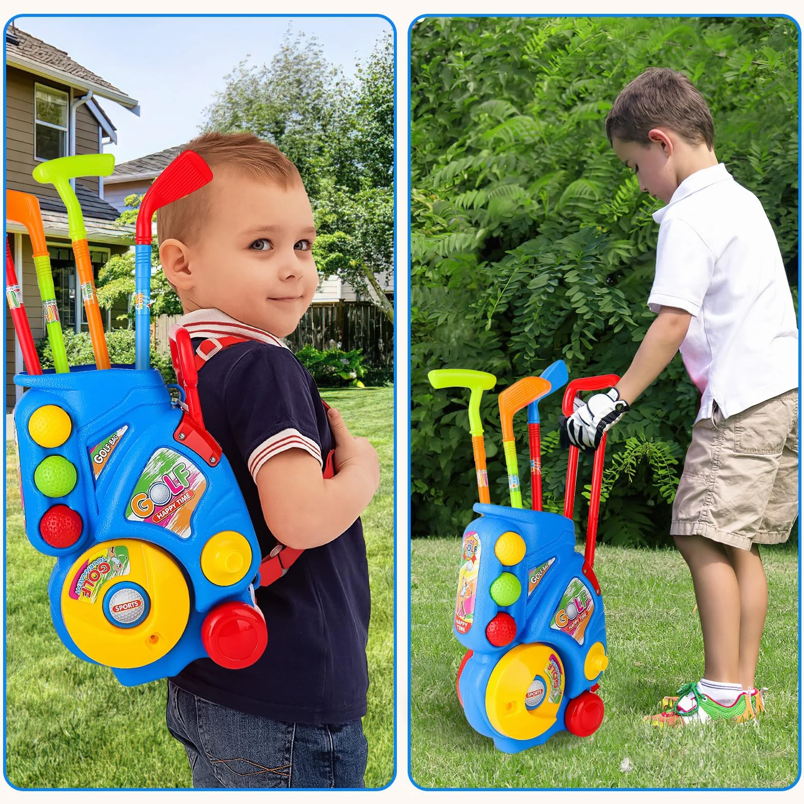 deAO Juego de Golf para Niños con Carrito Almacenamiento, 18 Pcs Golf Set, 4 Palos, 6 Pelotas, 2 Hoyos, Alfombrilla Putting - Juguetes Deportivos Interior Exterior Regalo Niñas Niños 3-6 Años (Azul)
