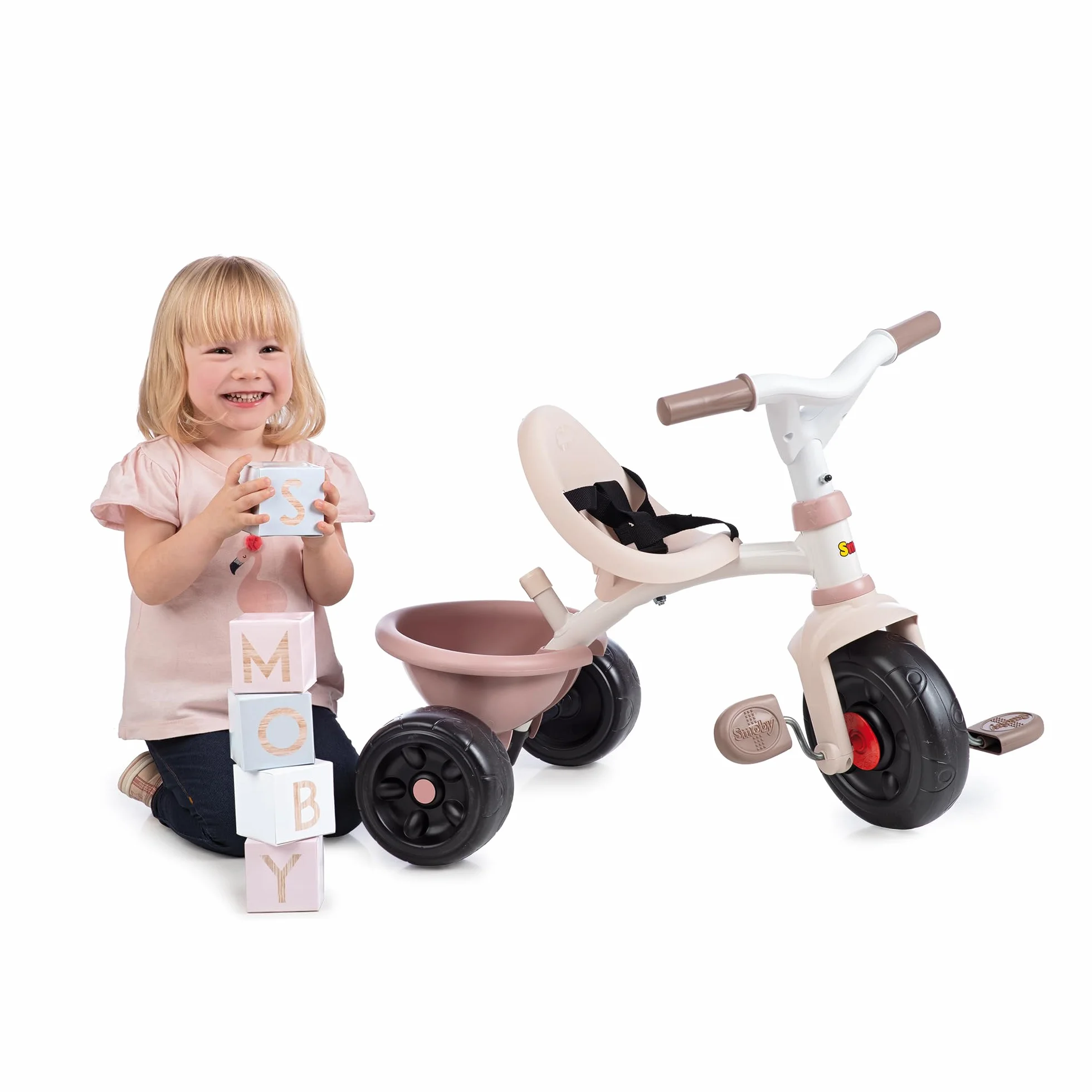 Smoby - Triciclo Evolutivo Be Fun Rosa, Sillín Regulable, Bloqueo de Dirección, Cinturón de Seguridad, Volquete Trasero, Barra Parental Regulable (7600740335)