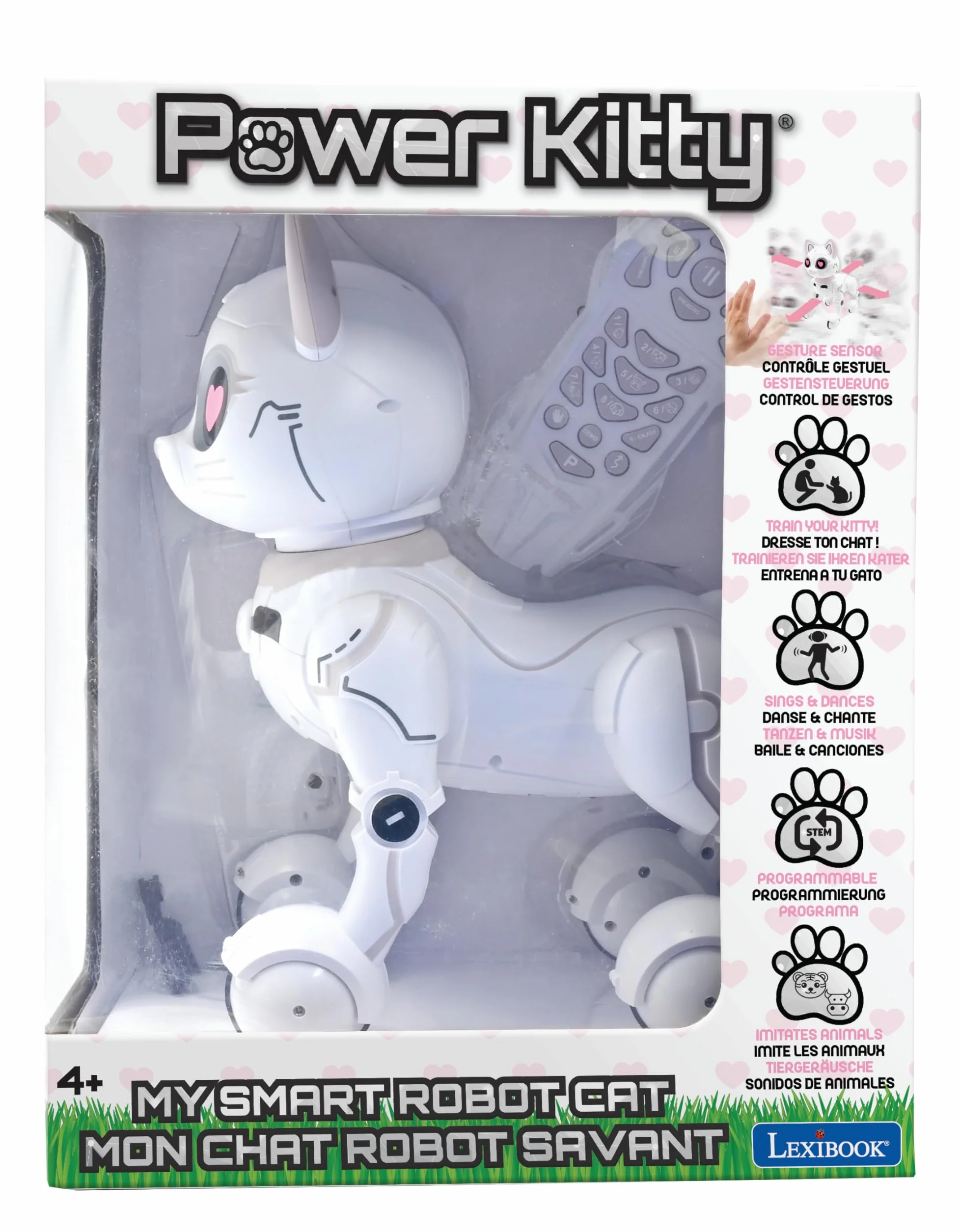 LEXIBOOK - Power Kitty® - Gato Robot Teledirigido, Robot Inteligente Programable, Luz, Sonido, Blanco/Rosa - KITTY01