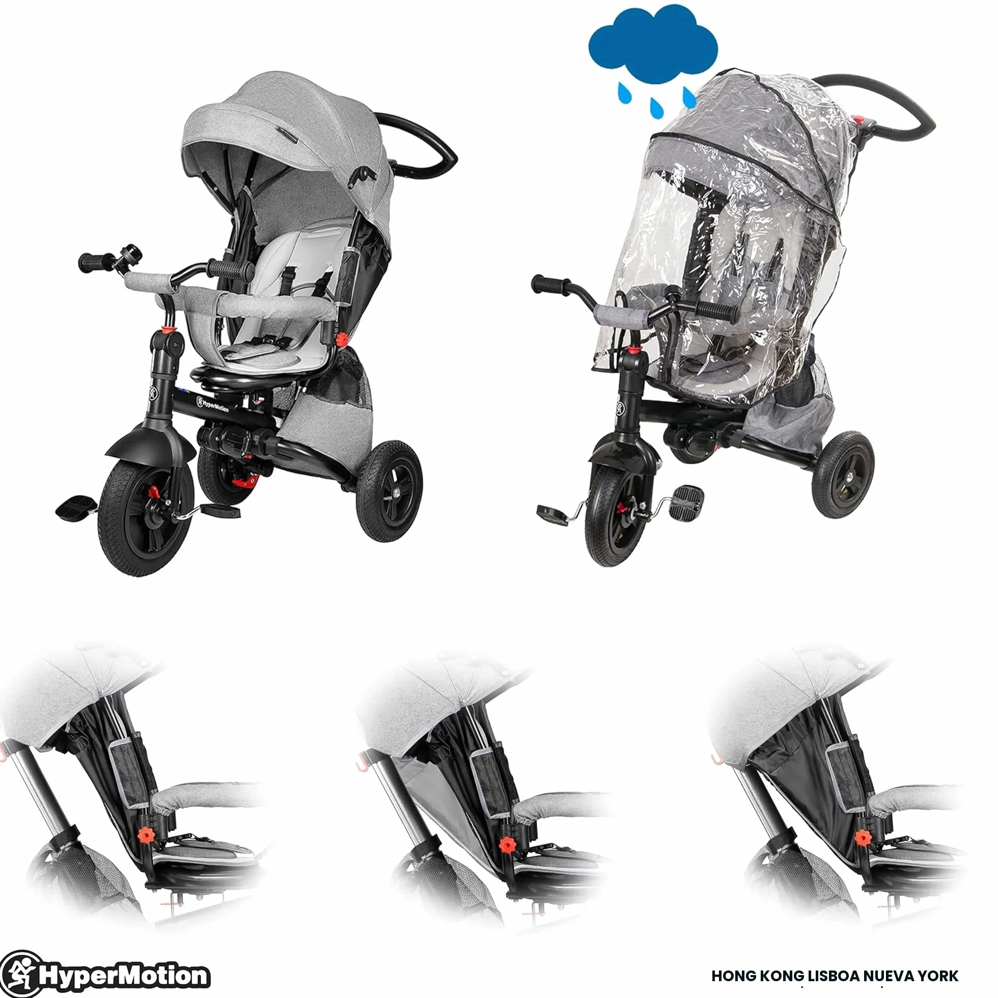 HyperMotion Triciclo Infantil 3 en 1 - Coche para Bebé con Asiento Giratorio y Cubierta de Lluvia - Triciclo Evolutivo 12 Meses a 5 Años, Plegable, Ruedas Bombeadas, 25kg, Gris