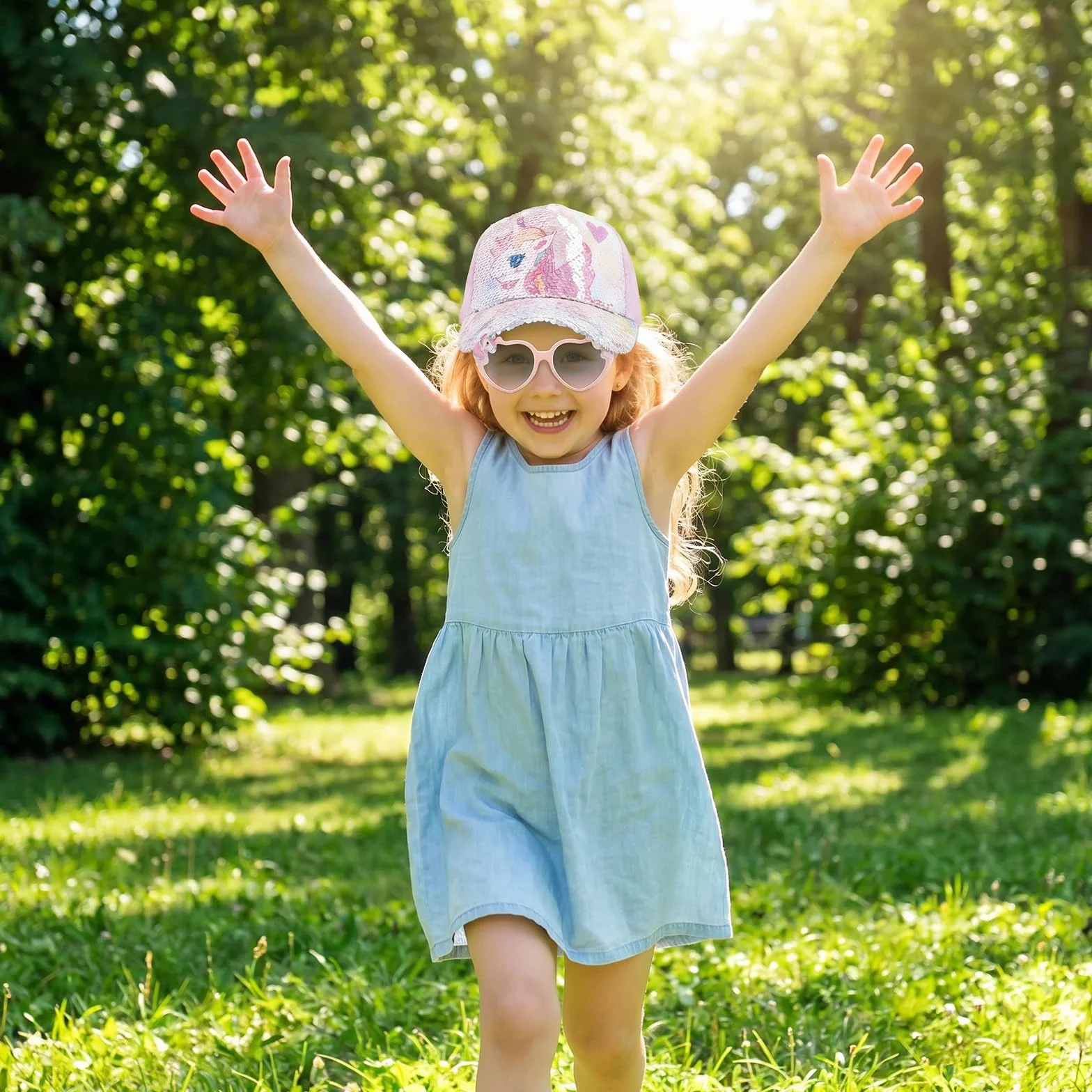 Gorra y Gafas de Sol para Niña, Gorra de Béisbol Rosa Ajustable Unicornio con Protección UV, 3-8 Años