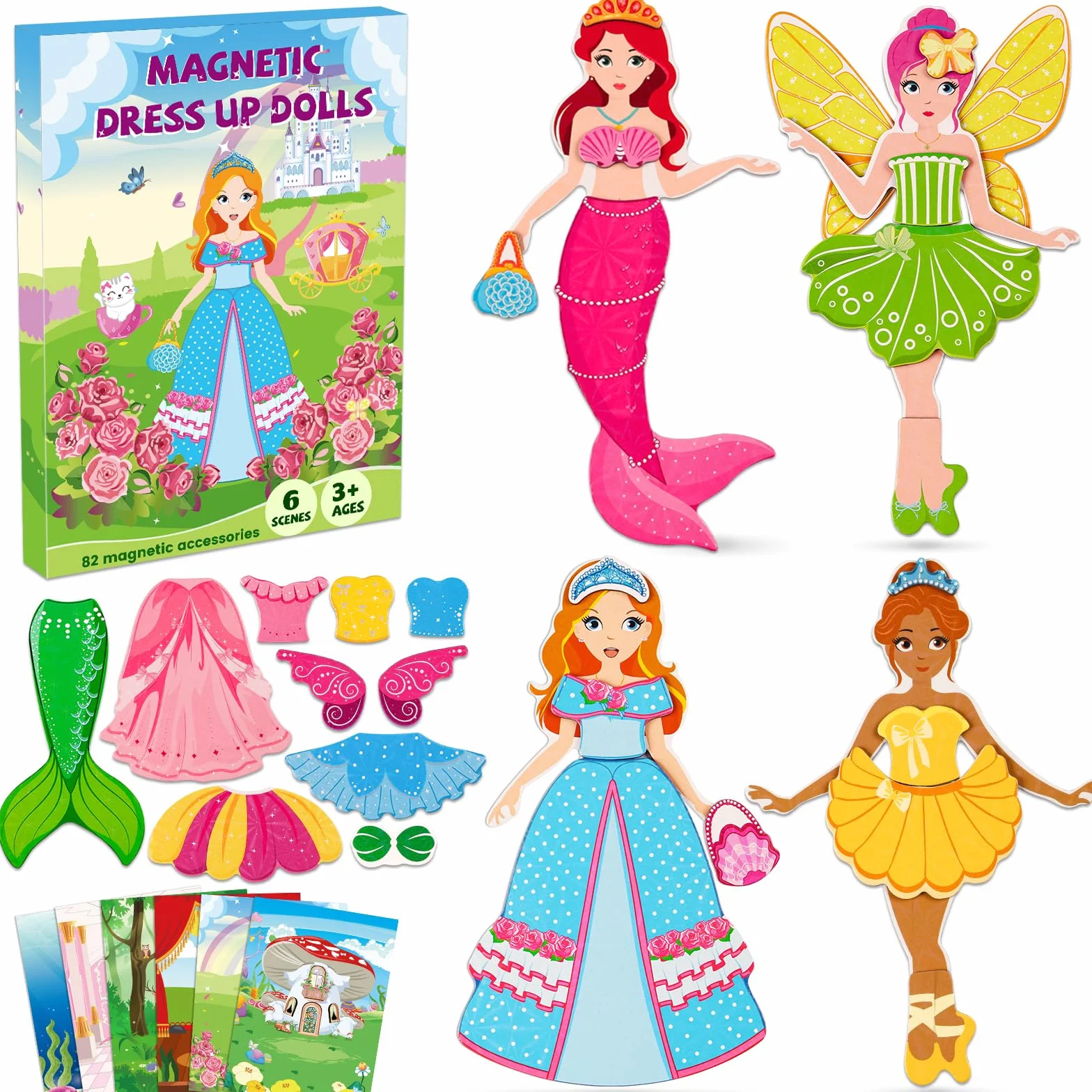 Muñecas magnéticas de vestir para niñas, kits de vestir con 82 piezas magnéticas, bailarina, sirena, juegos de viaje, viajes por carretera, avión, juguetes de actividad para niñas de 3, 4, 5, 6, 7