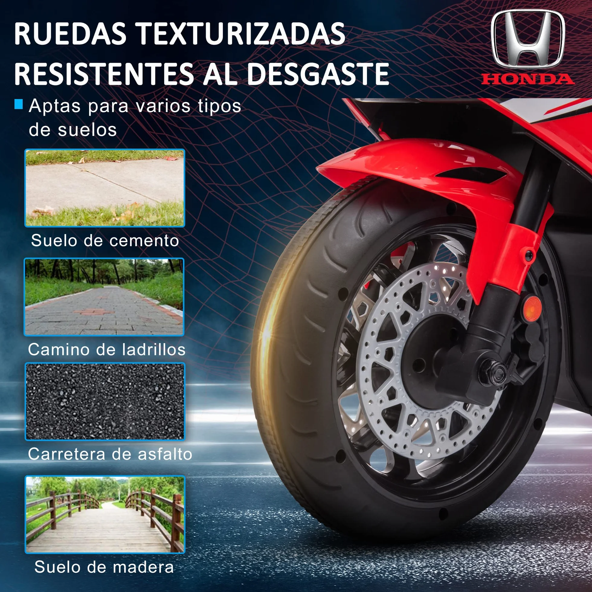 HOMCOM Moto Eléctrica con Licencia Honda para Niños de 3-5 Años Moto a Batería 6V con Faro Bocina Música y Ruedas Auxiliares Extraíbles Carga 30 kg 90x44x52 cm Rojo