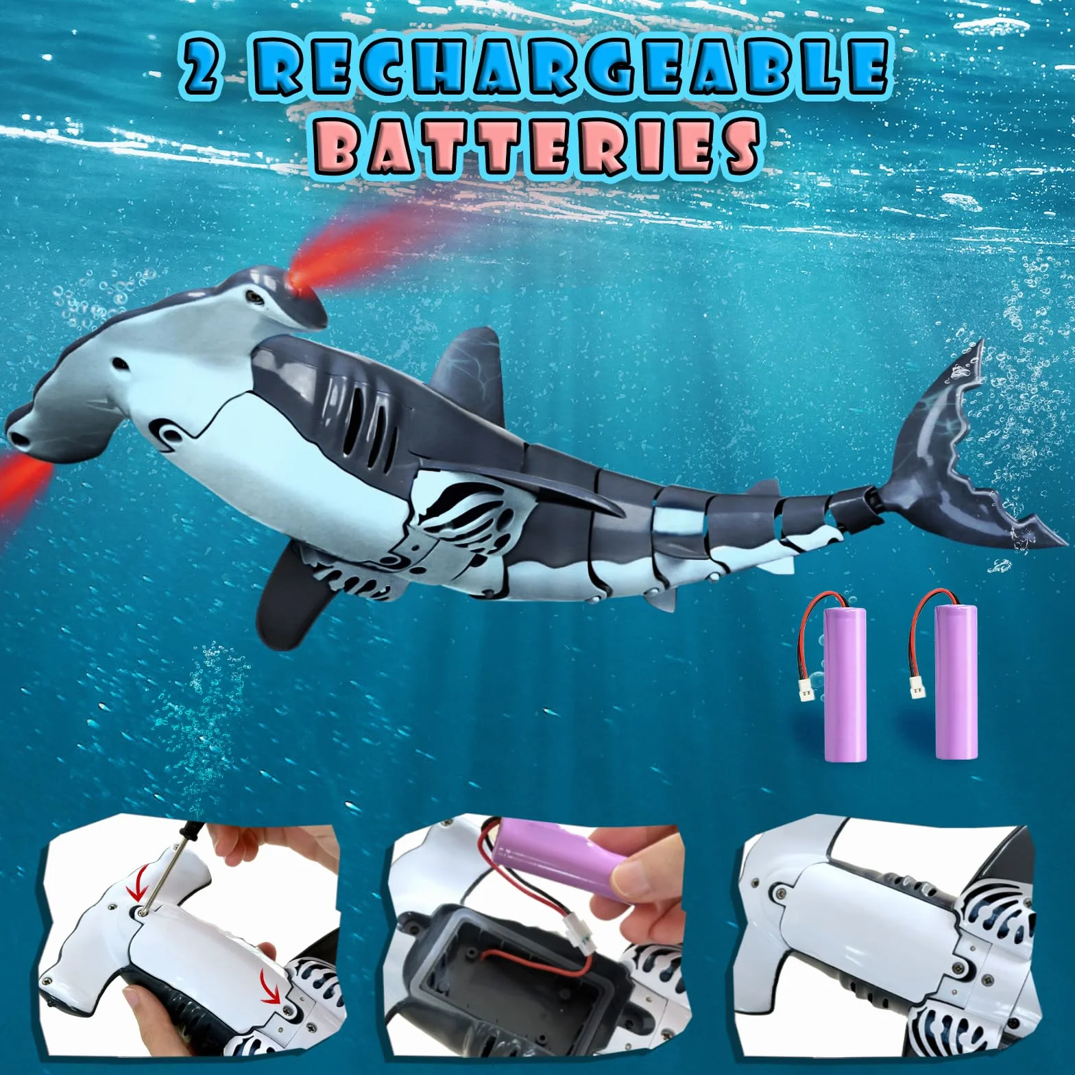 Tiburon Teledirigido Submersible, Tiburon Submarino Juguete 2.4GHz RC Tiburón con Luces LED para Piscinas, Lagos y Bañeras (Gris)