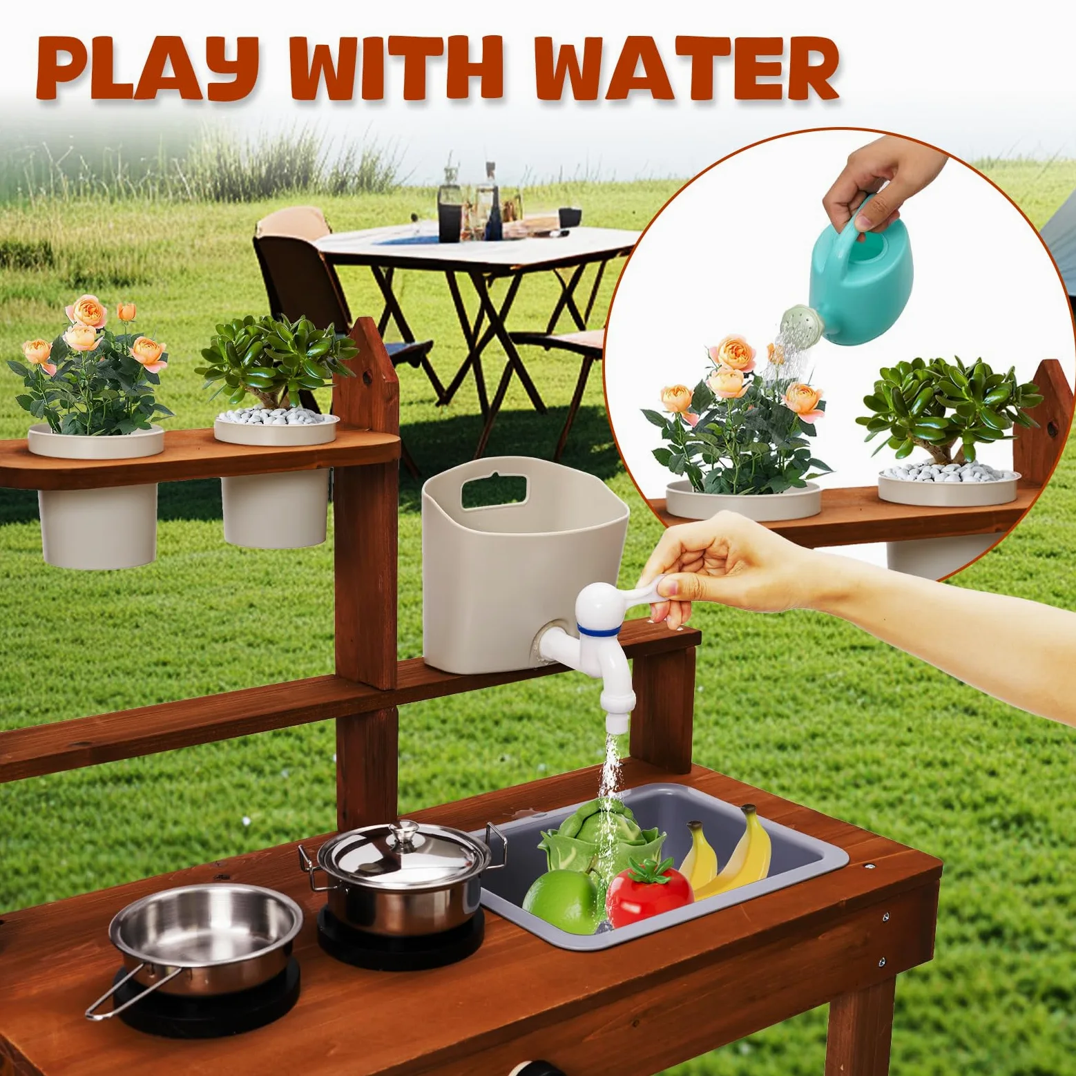 Cocina de Barro para Niños,Cocinita de Madera Infantil con Fregadero Grifo,Equipo de Juego al Aire Libre para Niños,Cocina Exterior Juguetes al Aire Libre para Baby de 2 Años en Adelante