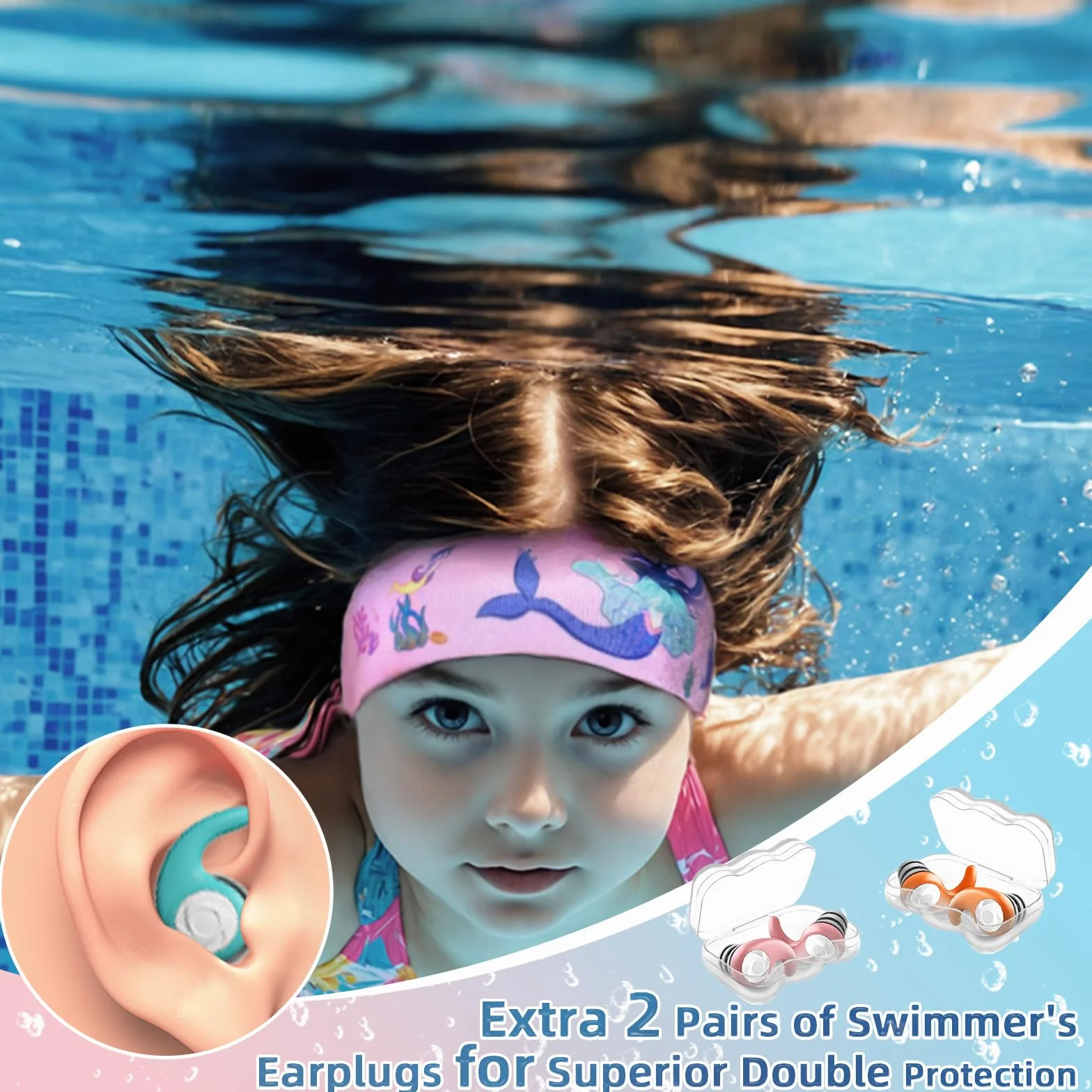 Diadema de Natación Impermeable, 2 Pares Tapones Oídos con Banda Neopreno Ajustable Antideslizante para Nadar Surf Bucear