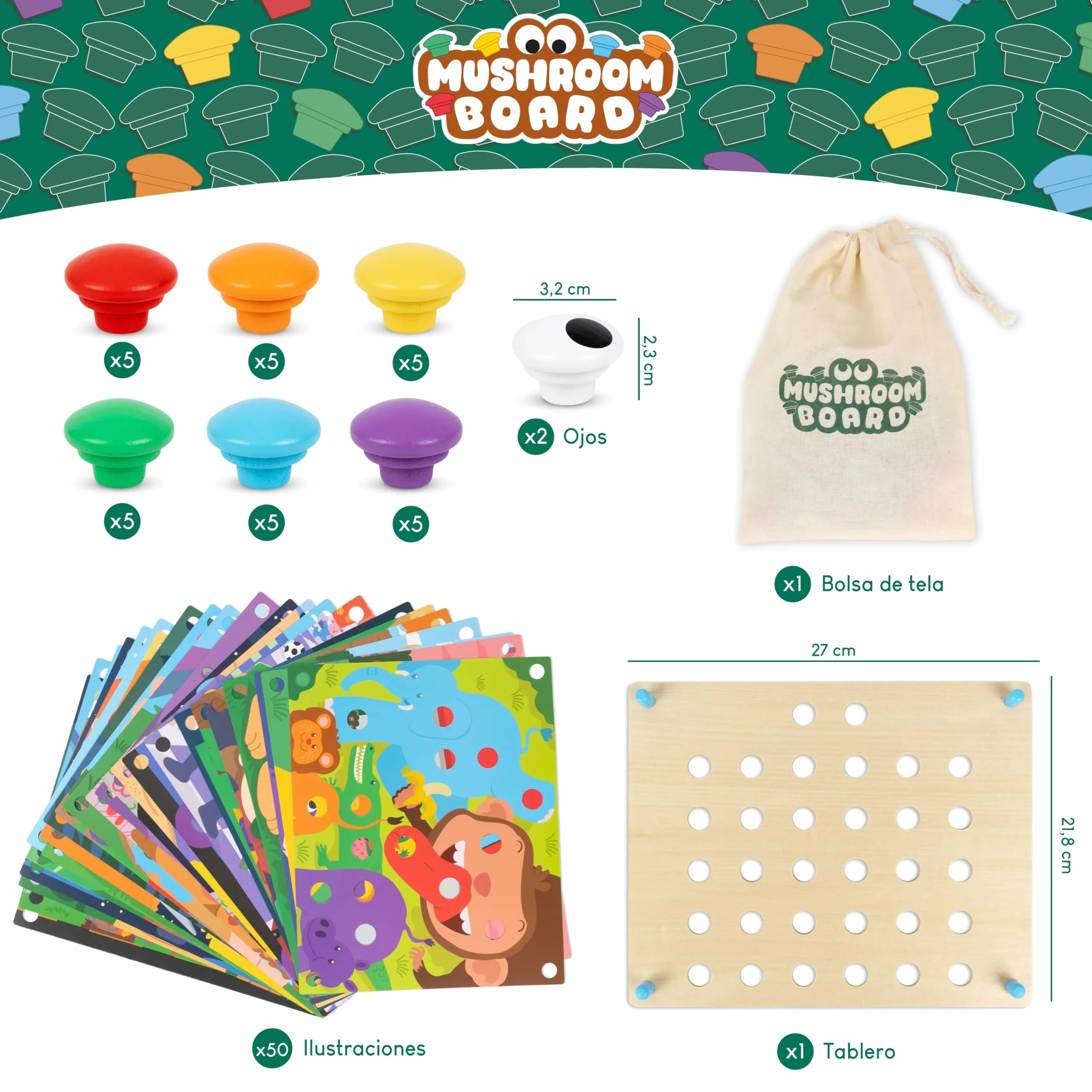 BONNYCO Puzzle Madera 50 Plantillas 32 Botones Mosaico Infantil Motricidad Fina Rompecabezas Juguetes Niños 2 Años Juegos Educativos Montessori
