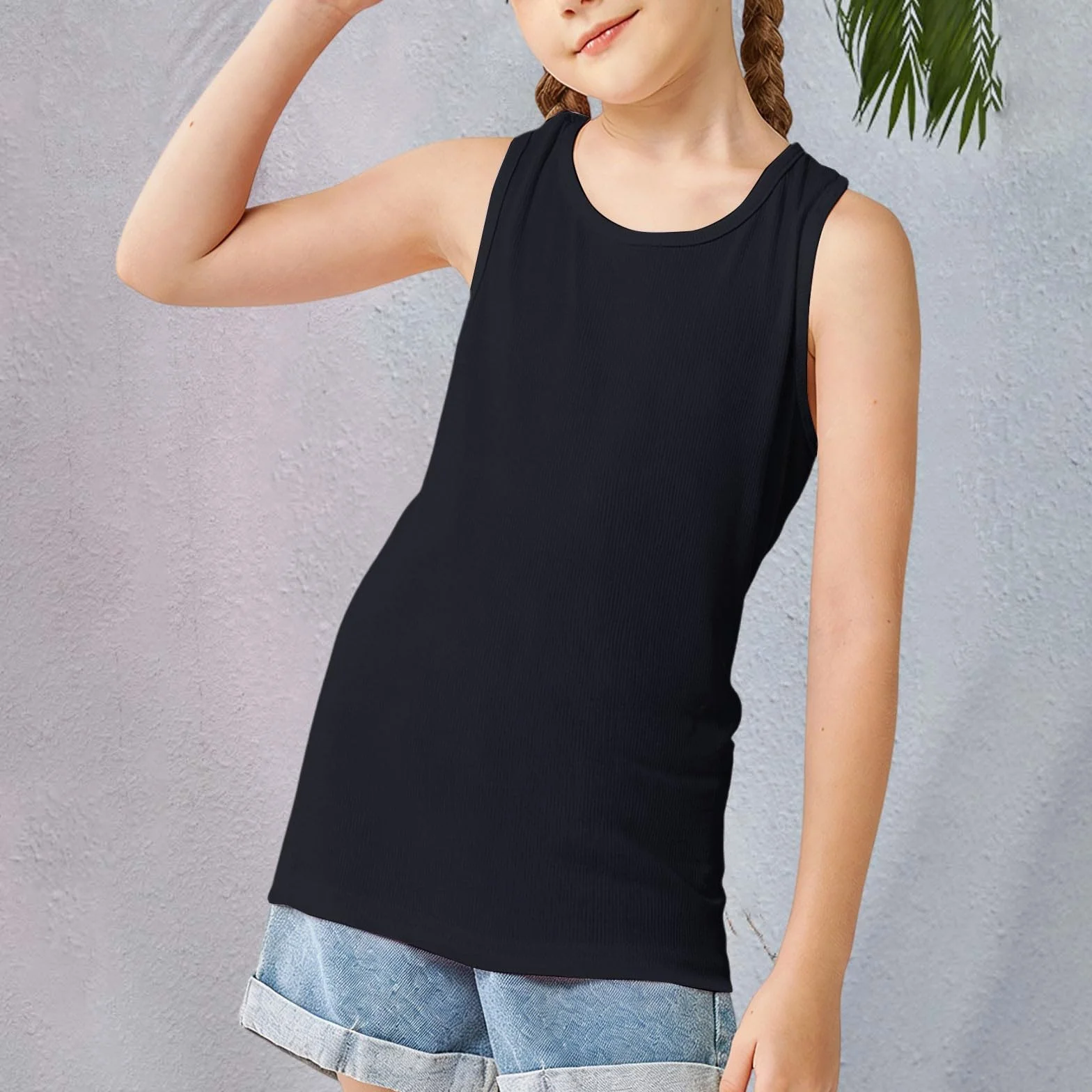 Paquete de 3 camisetas sin mangas para niñas y niños, verano color liso cuello redondo