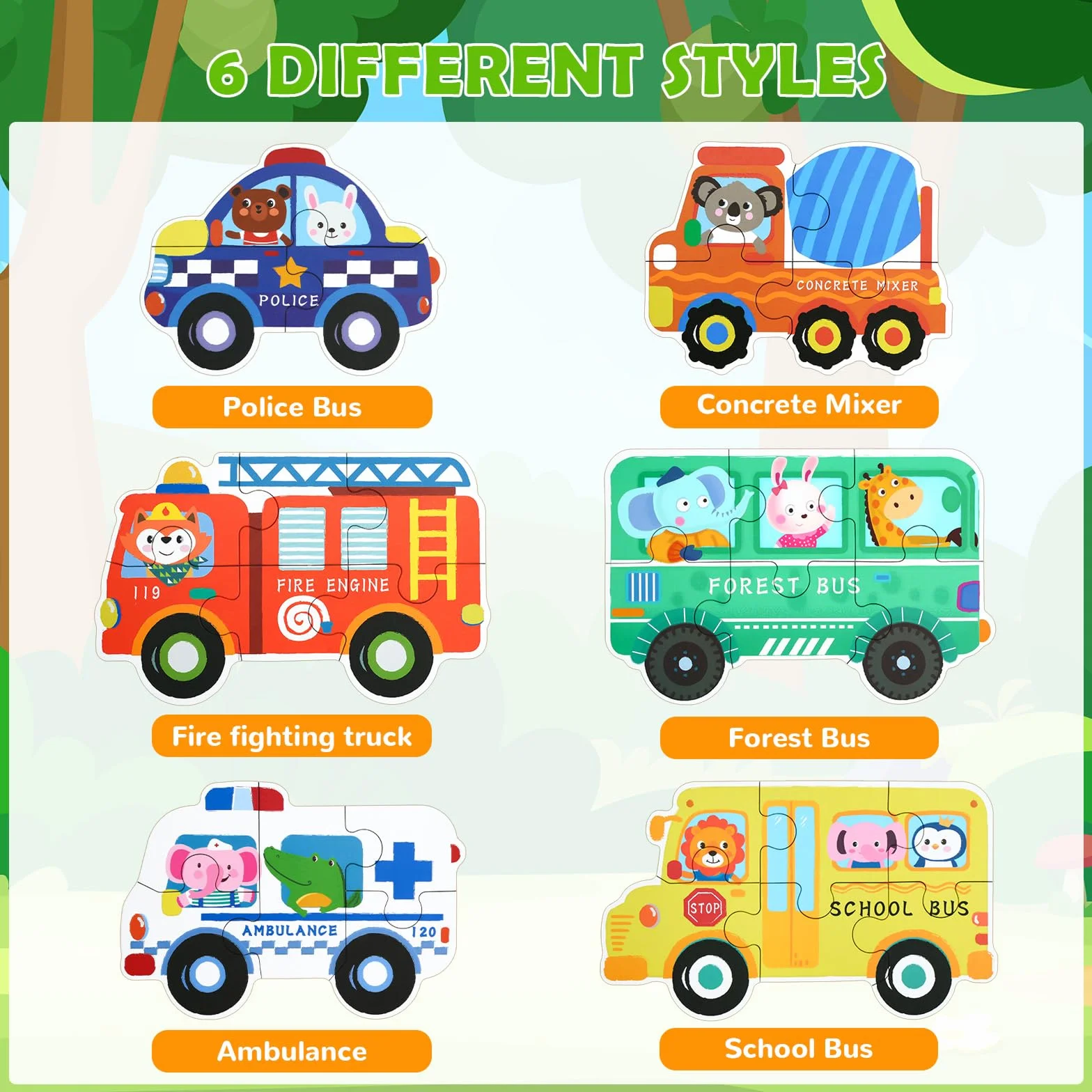 BBLIKE Puzzle 3 Años Juguetes Educativos Montessori, Puzzle Infantil 6 en 1 con Caja de Almacenamiento, Regalo para Niños 1-5 Años Conocer Animales y Automóviles, Juegos Didácticos Preescolar (Bus)