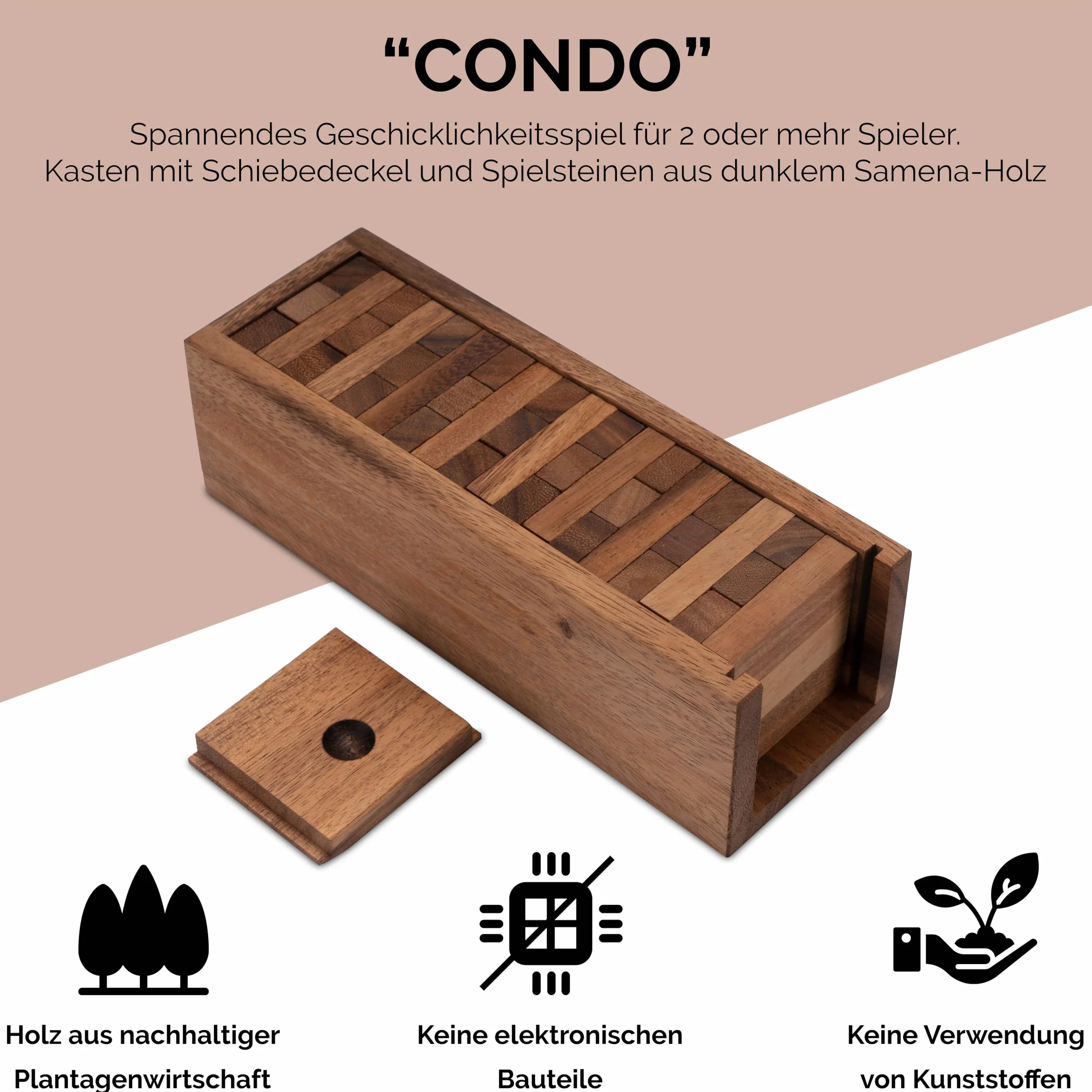 LOGOPLAY Torre tambaleante tamaño. S - 23 cm de Altura - Condo - Torre de Madera - Juego de Habilidad - Juego de Tablero de Madera Marrón
