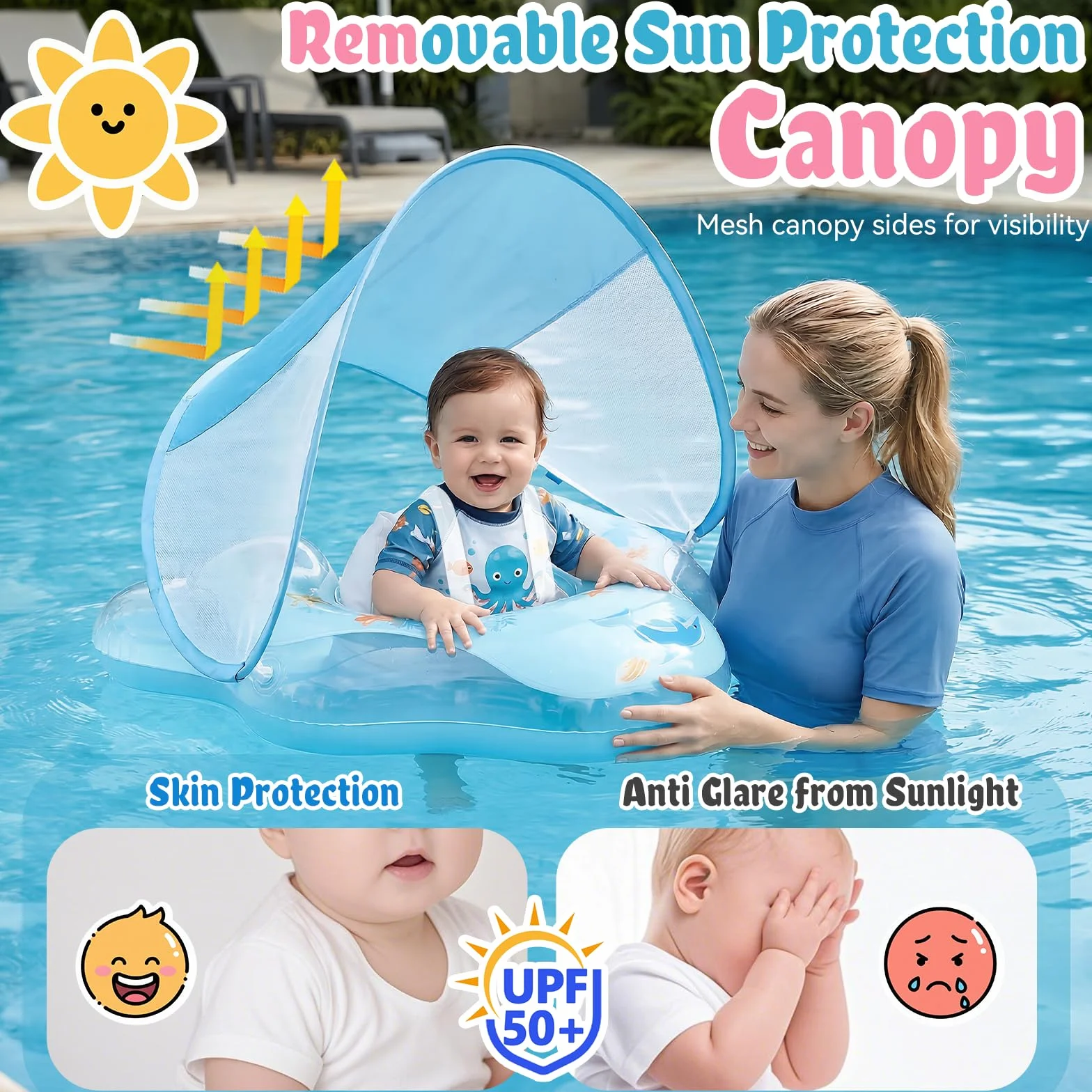 Ninonly Flotador Bebe con Sombrilla UV UPF 50+ Inflable Protección Solar Antivuelco Piscina Bebe Asiento Respaldo 12-36 Meses